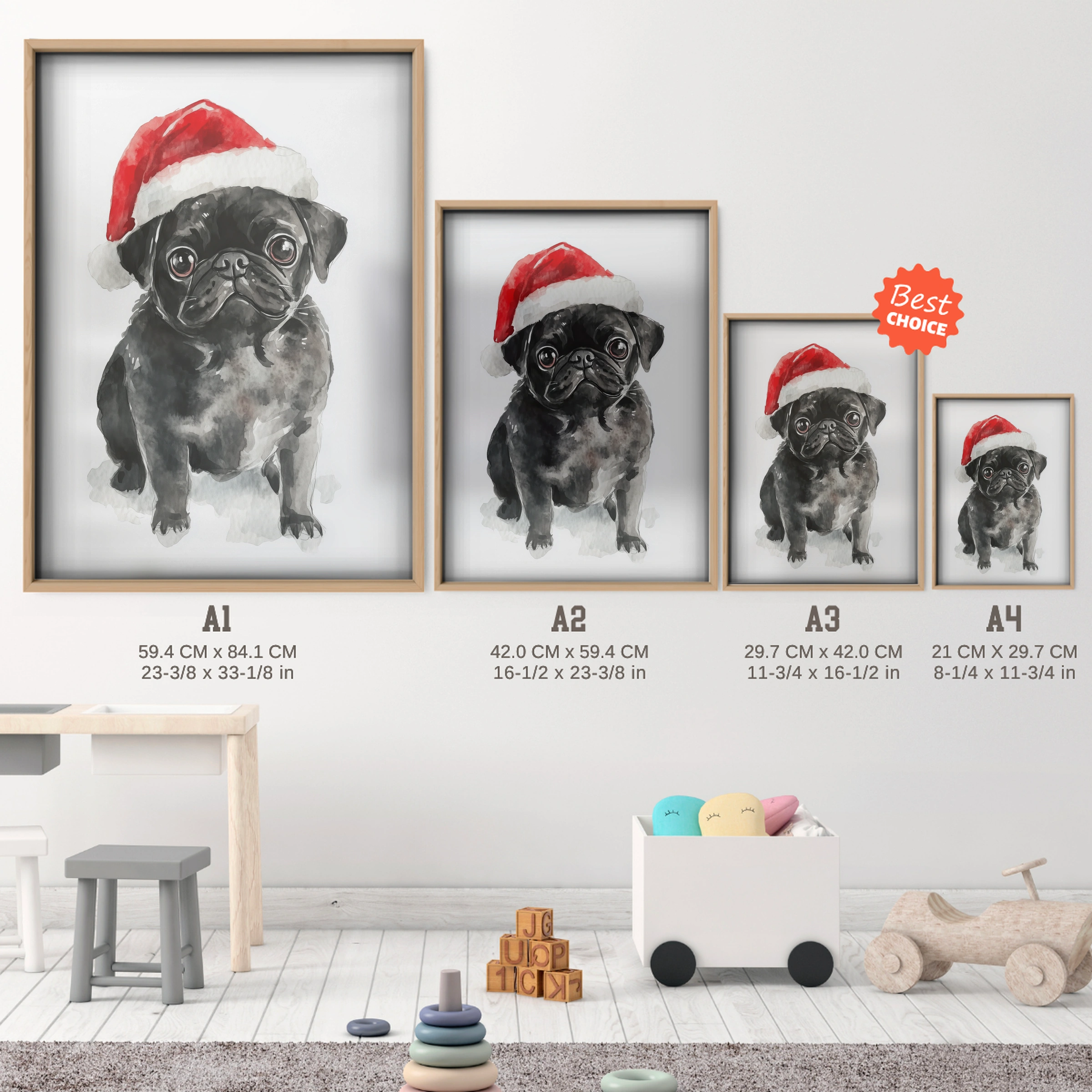 Black Pug in a Santa Hat Christmas Print - size guide A4 A3 A2 A1 nursery print
