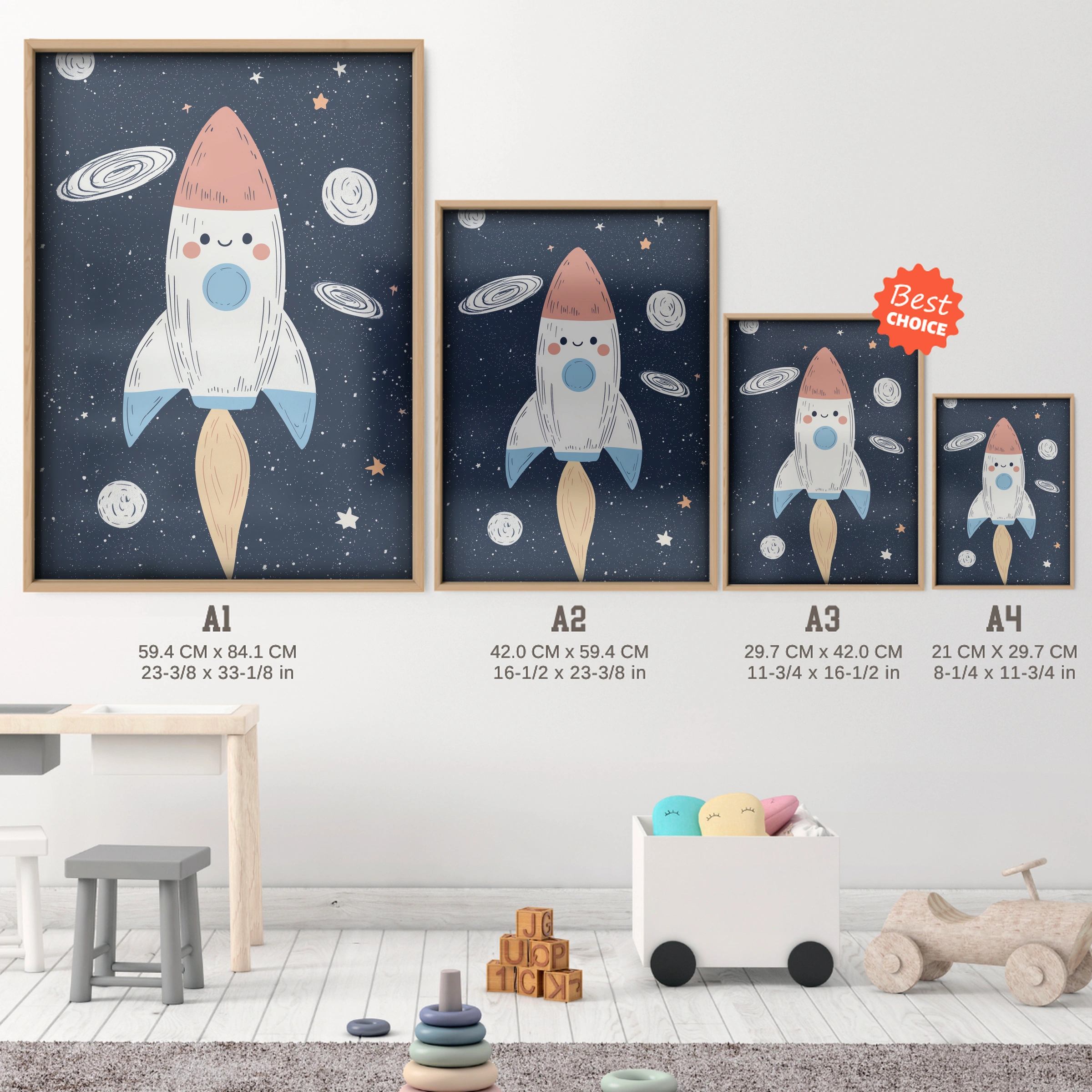 Blast Off Rocket Nursery Print - size guide A4 A3 A2 A1 nursery print