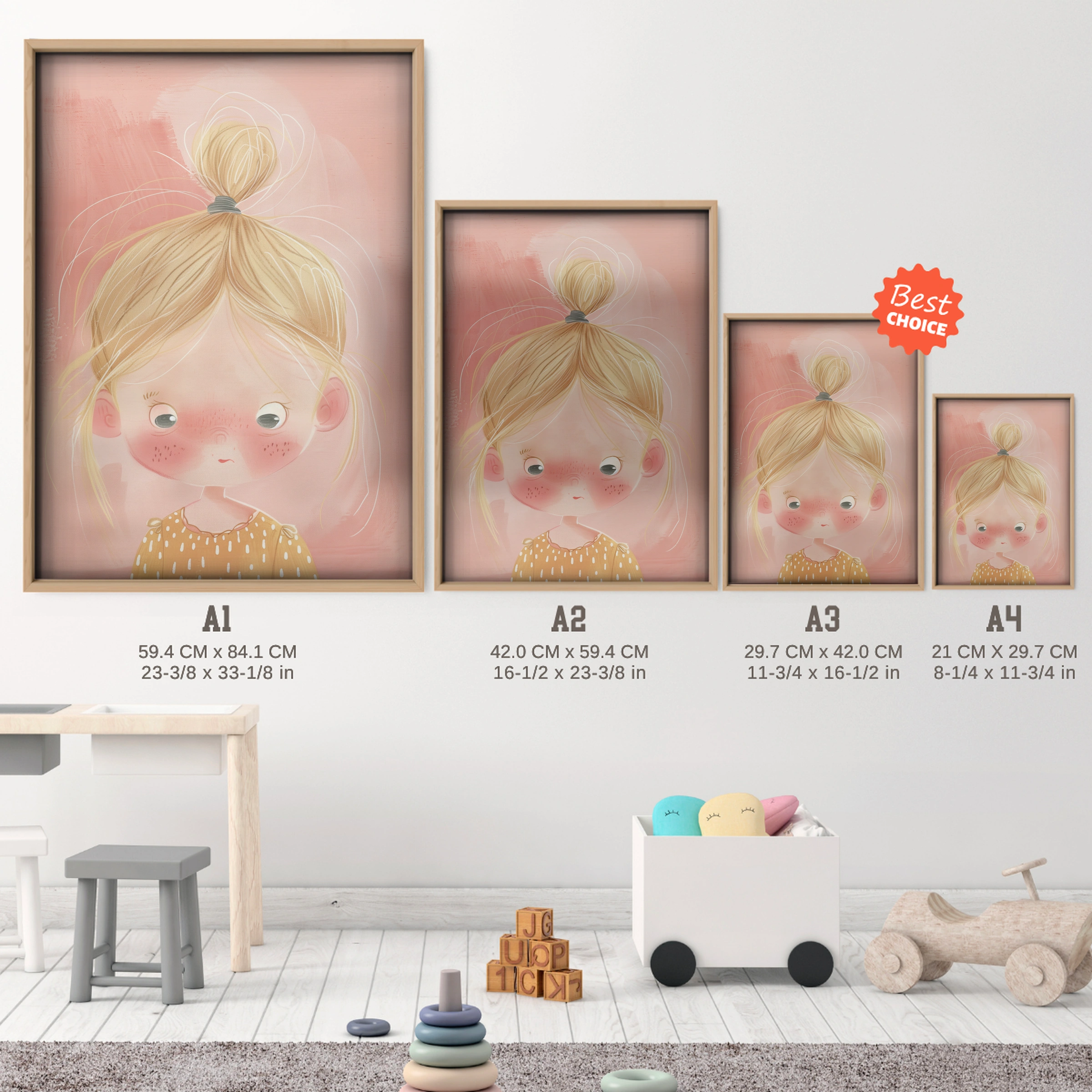 Blonde Girl Nursery Print - size guide A4 A3 A2 A1 nursery print