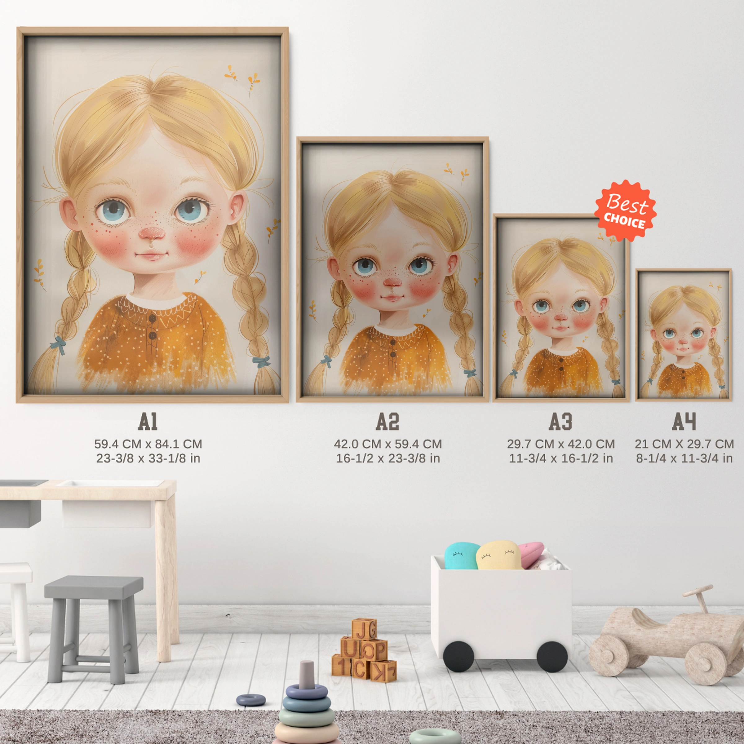Blonde Girl with Braids Nursery Print - size guide A4 A3 A2 A1 nursery print