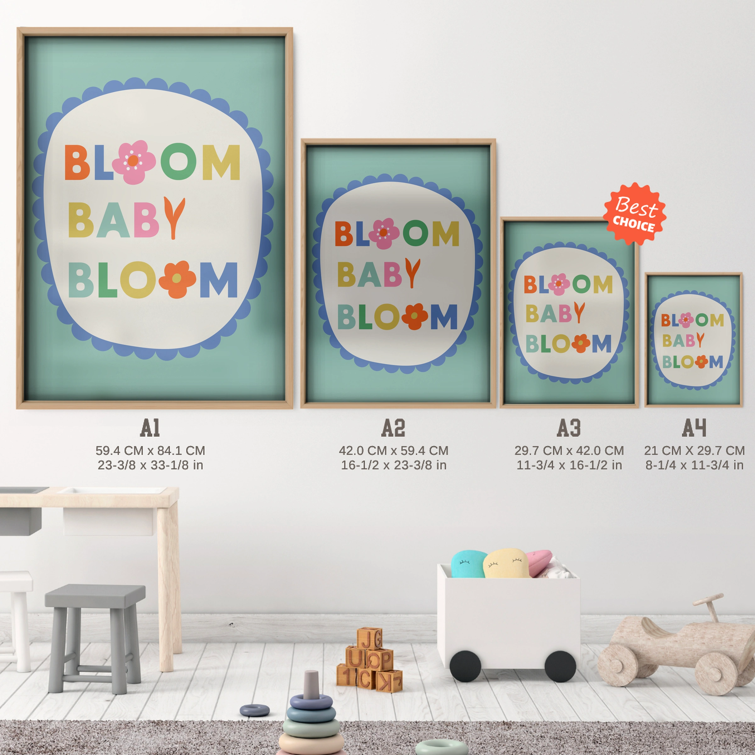 Bloom Baby Bloom Nursery Print - size guide A4 A3 A2 A1 nursery print