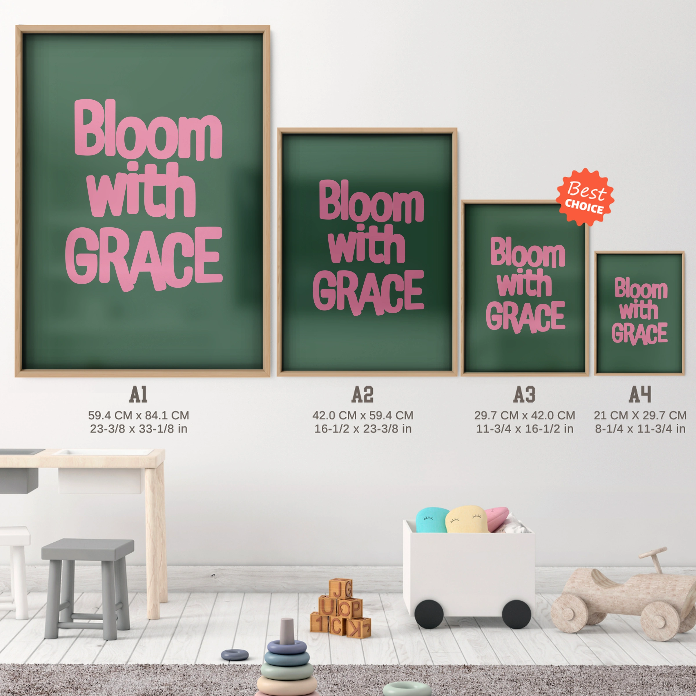 Bloom With Grace Nursery Print - size guide A4 A3 A2 A1 nursery print
