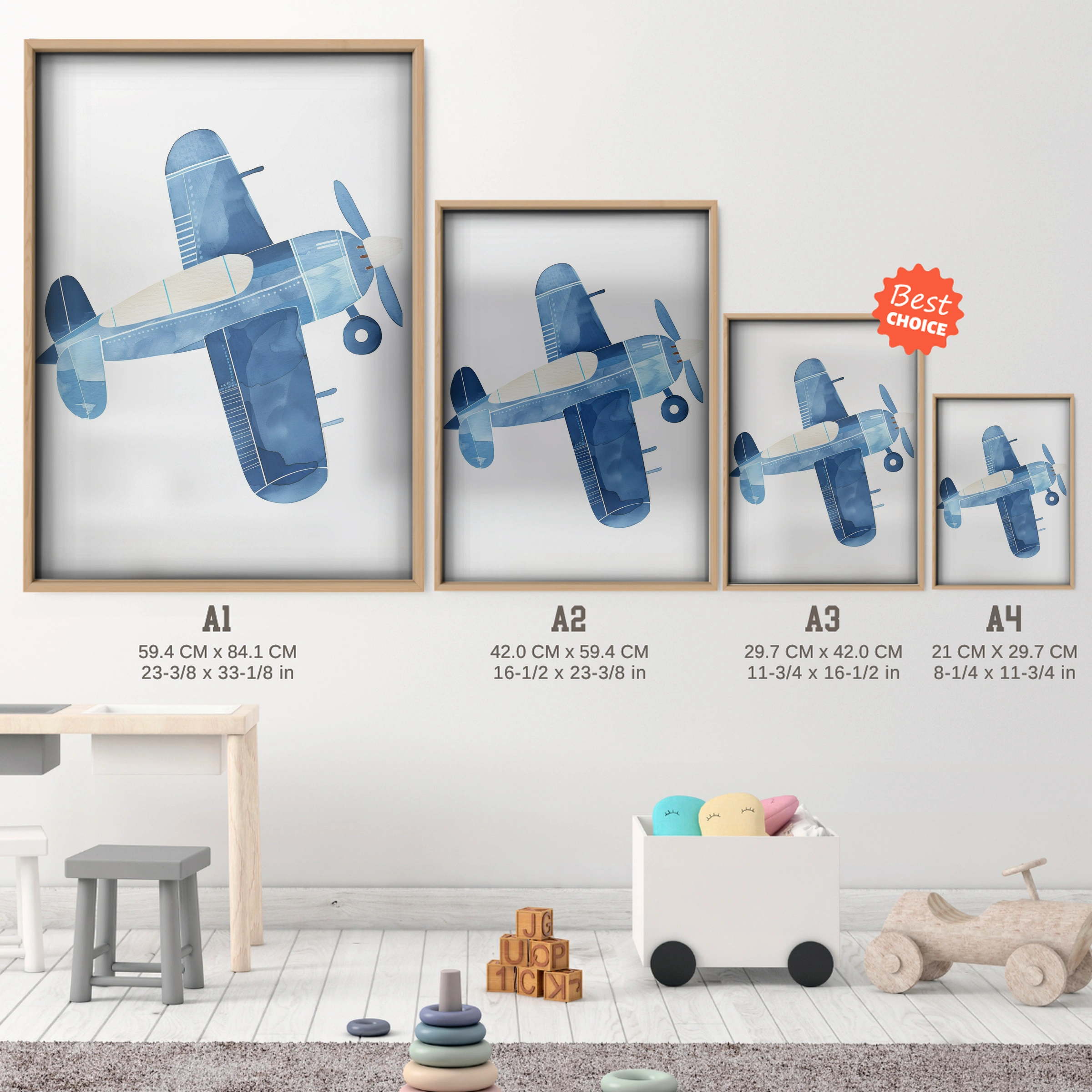 Blue Airplane Nursery Print - size guide A4 A3 A2 A1 nursery print