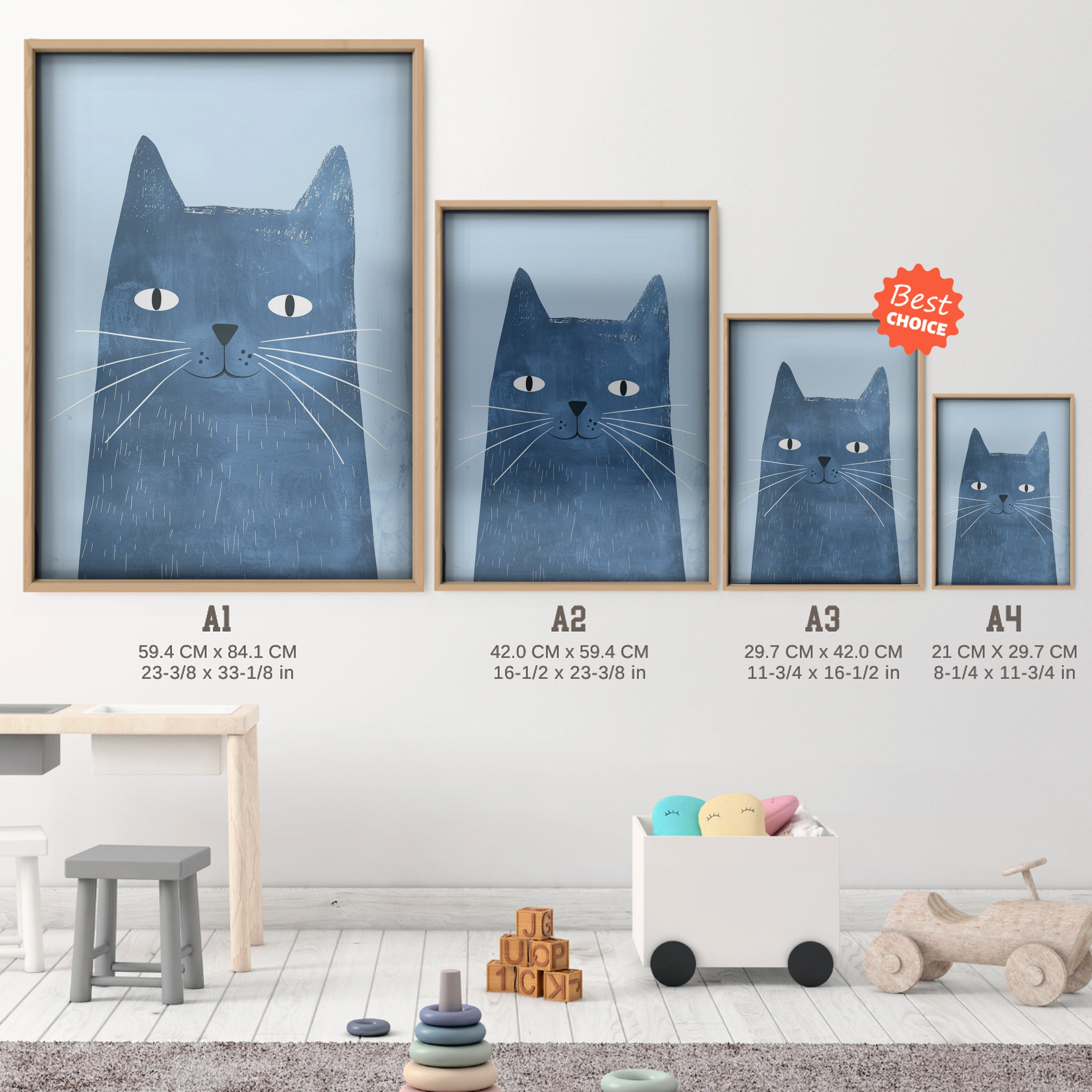Blue Cat Nursery Print - size guide A4 A3 A2 A1 nursery print