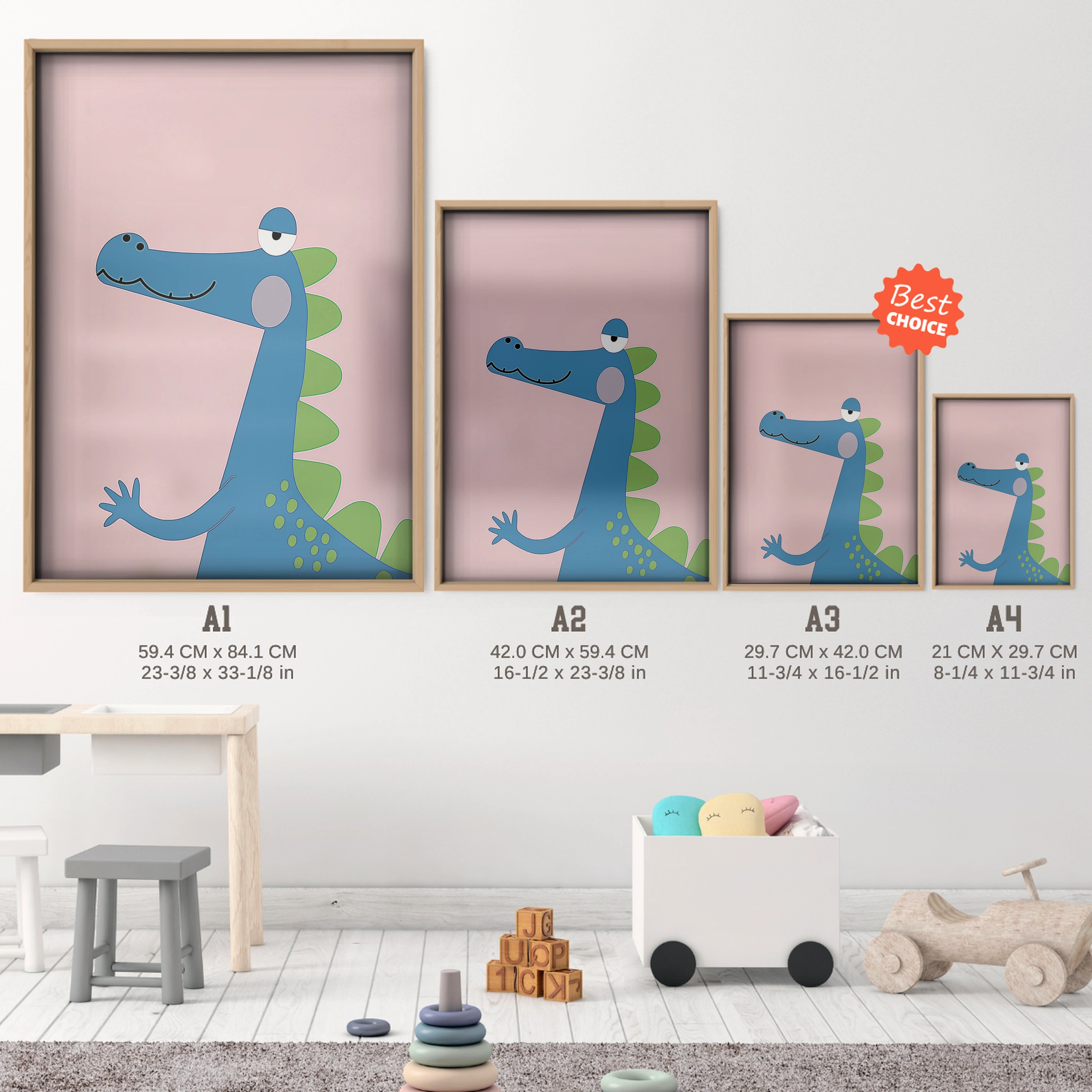 Blue Dinosaur Nursery Print - size guide A4 A3 A2 A1 nursery print
