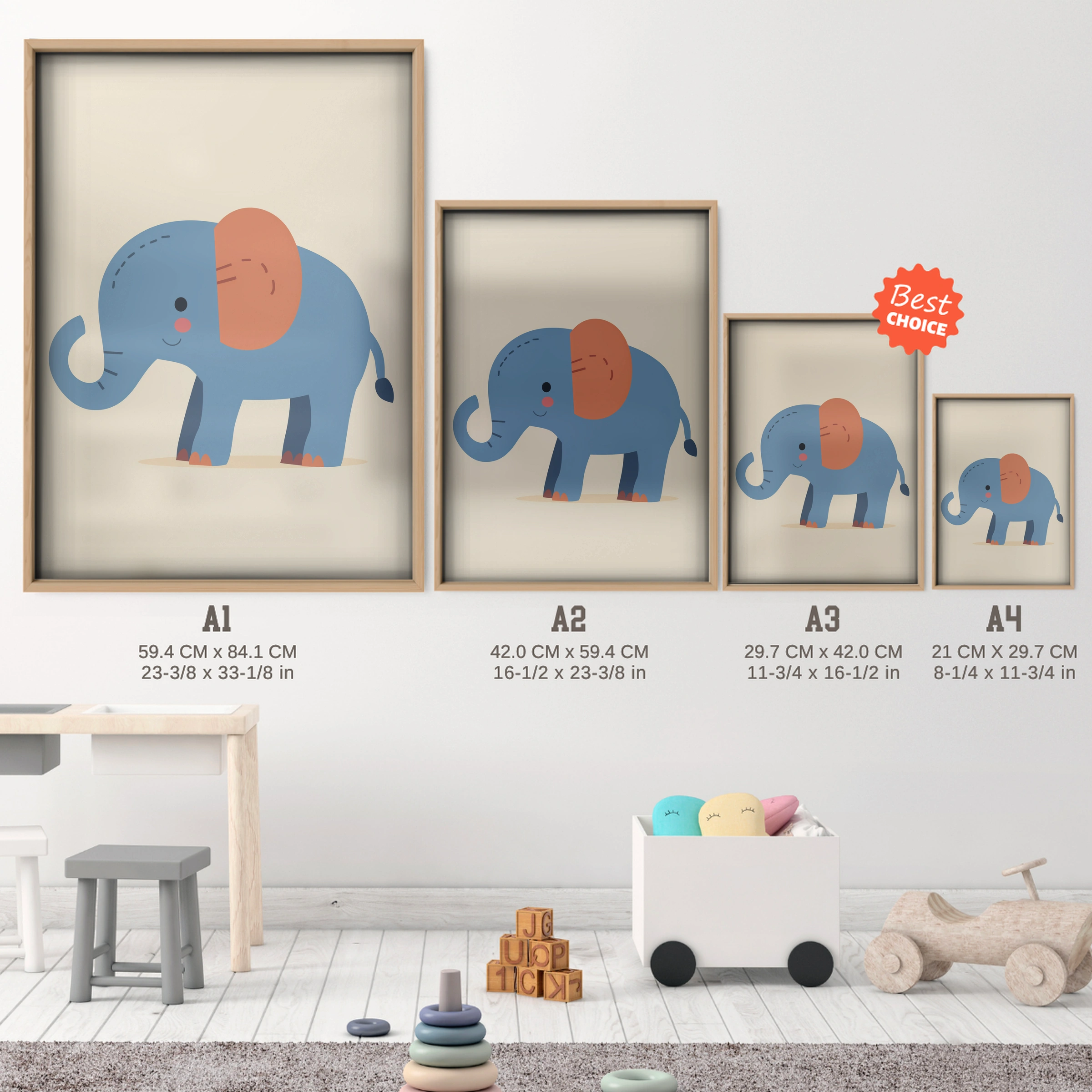 Blue Elephant Nursery Print - size guide A4 A3 A2 A1 nursery print