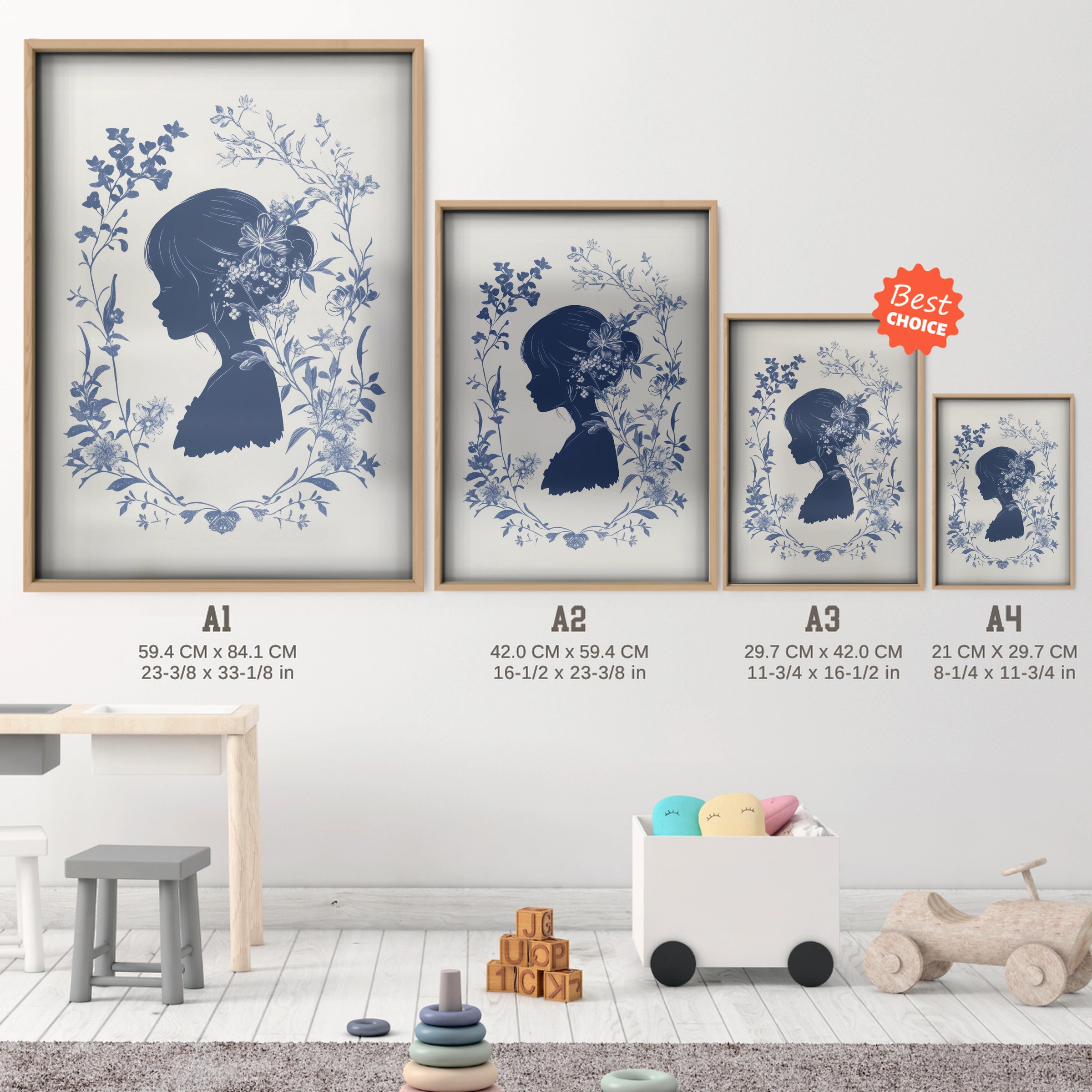 Blue Floral Silhouette Nursery Print - size guide A4 A3 A2 A1 nursery print