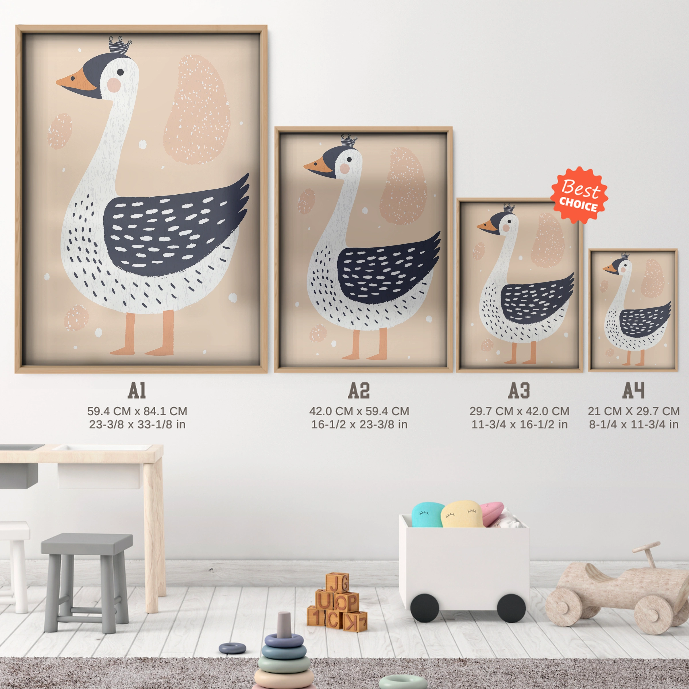 Blue Goose Nursery Print - size guide A4 A3 A2 A1 nursery print