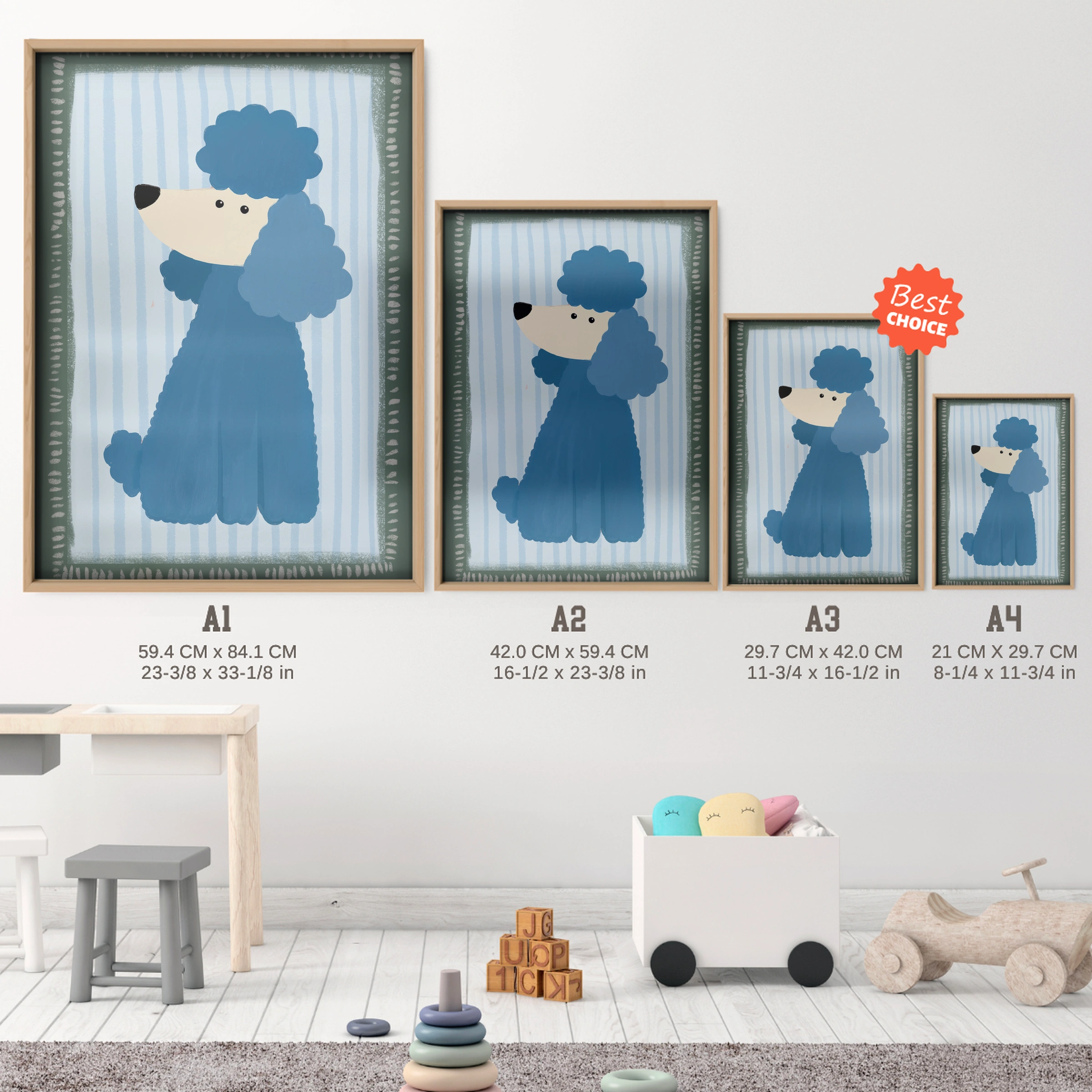 Blue Poodle Nursery Print - size guide A4 A3 A2 A1 nursery print