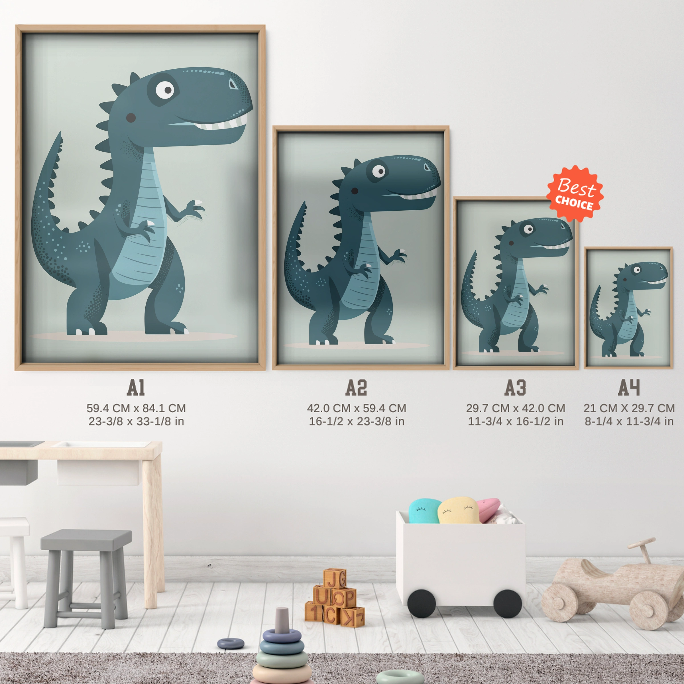 Blue T-Rex Nursery Print - size guide A4 A3 A2 A1 nursery print