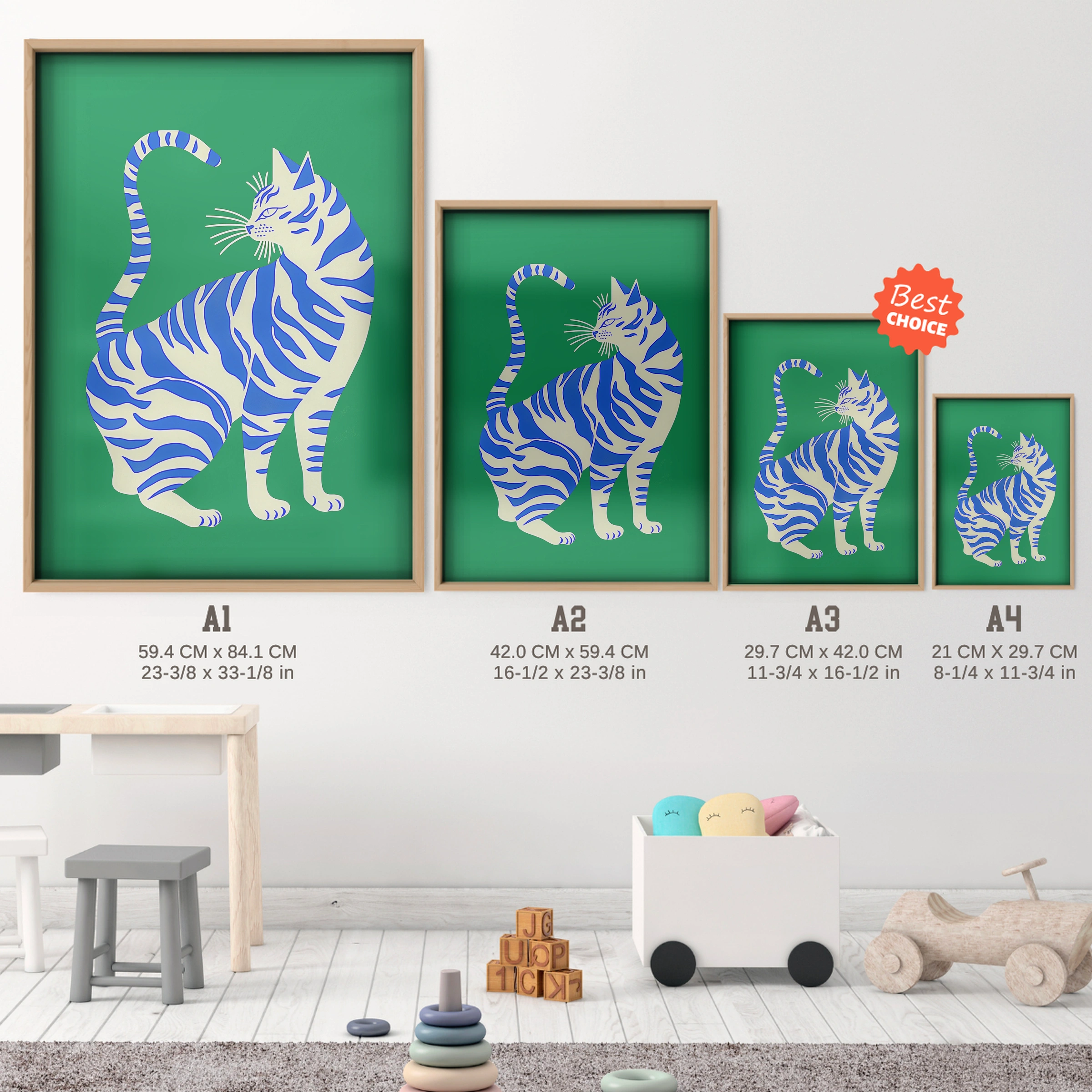 Blue Tiger Cat Nursery Print - size guide A4 A3 A2 A1 nursery print