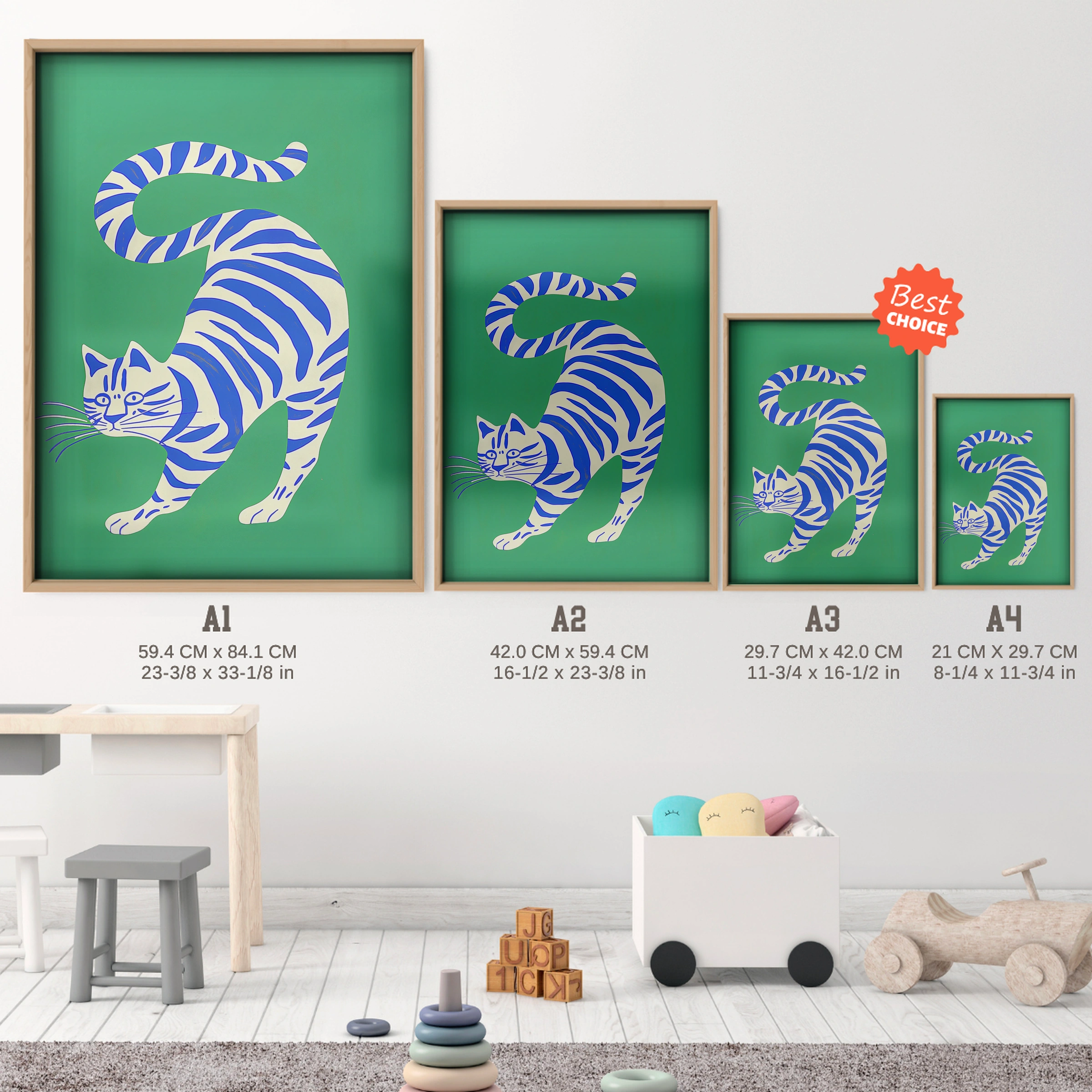 Blue Tiger Nursery Print - size guide A4 A3 A2 A1 nursery print
