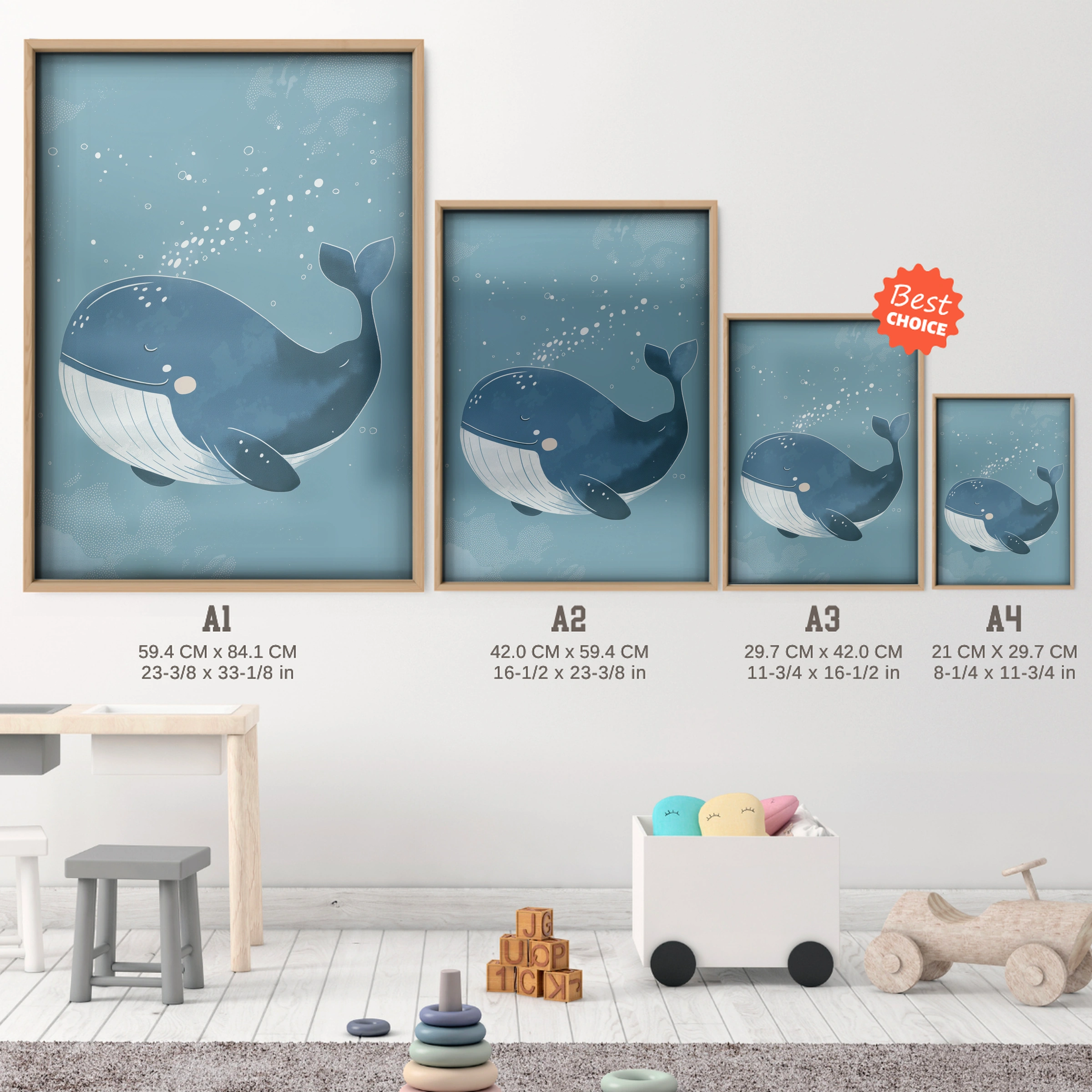 Blue Whale Nursery Print - size guide A4 A3 A2 A1 nursery print