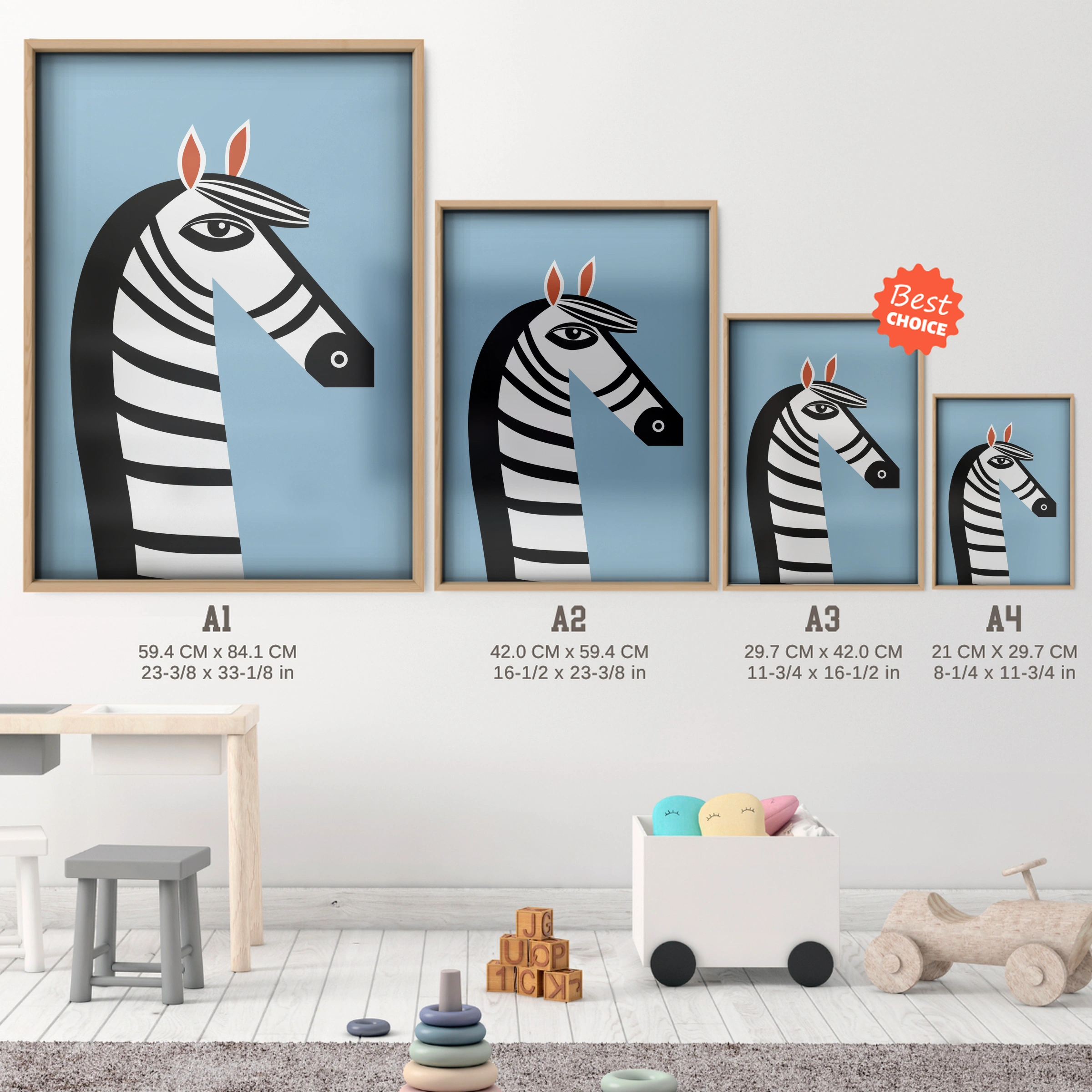 Blue Zebra Nursery Print - size guide A4 A3 A2 A1 nursery print