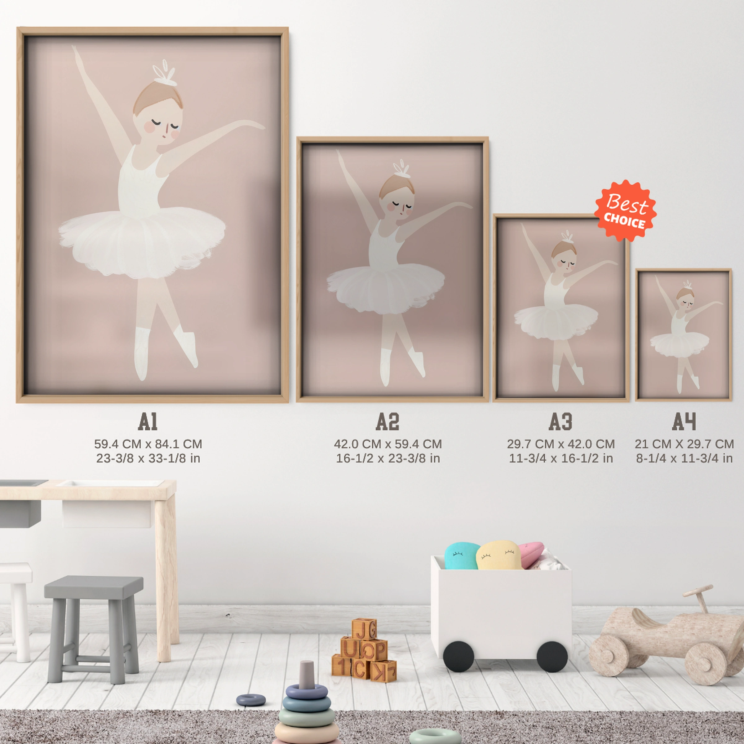 Blush Ballerina Nursery Print - size guide A4 A3 A2 A1 nursery print