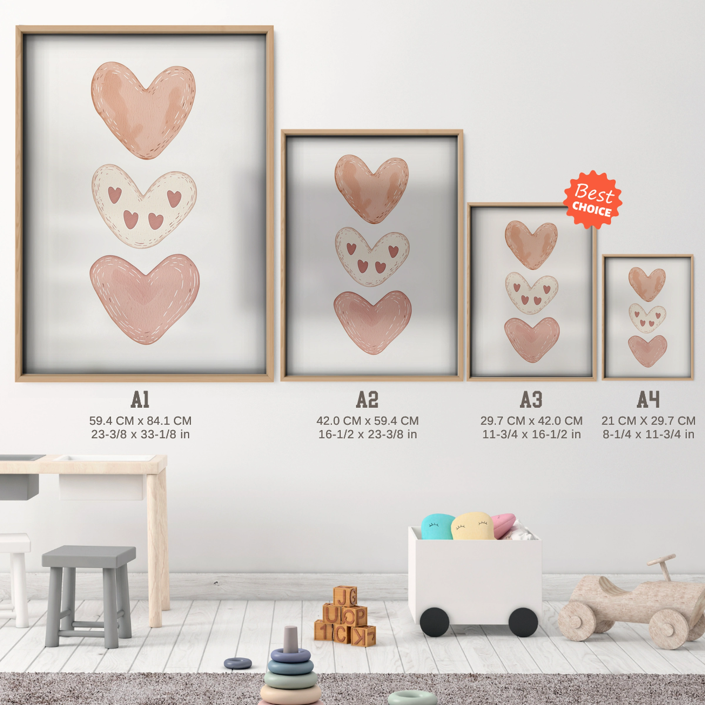 Blush Hearts Nursery Print - size guide A4 A3 A2 A1 nursery print