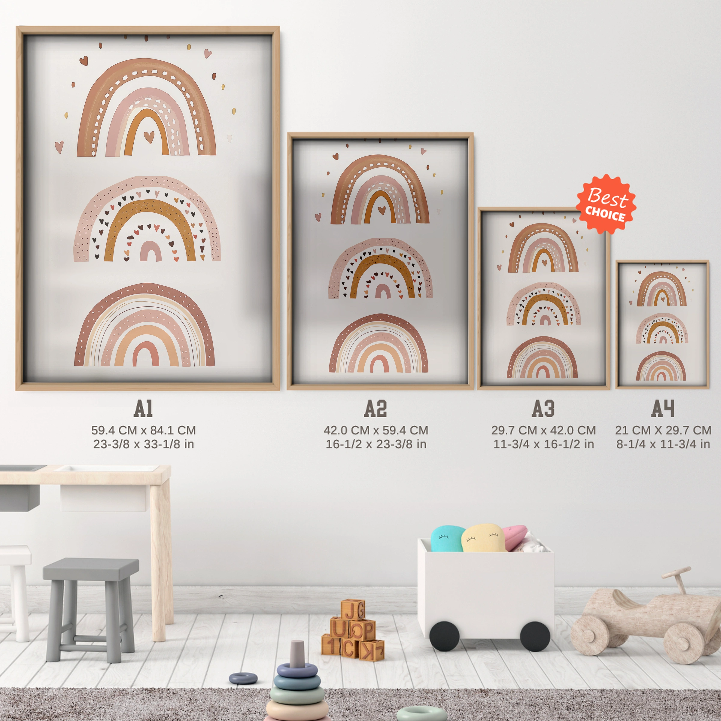 Boho Rainbow Nursery Print - size guide A4 A3 A2 A1 nursery print