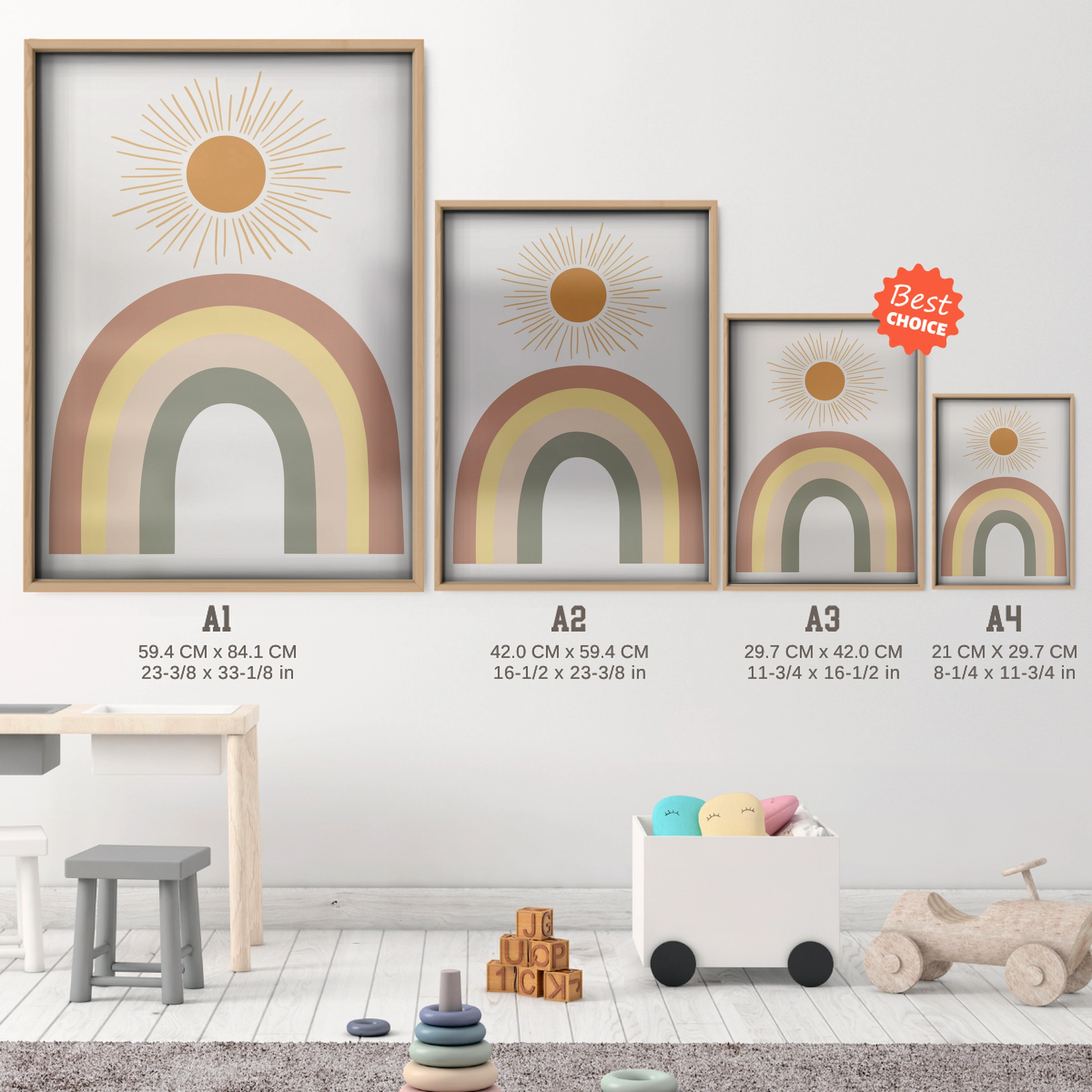 Boho Rainbow Sun Nursery Print - size guide A4 A3 A2 A1 nursery print