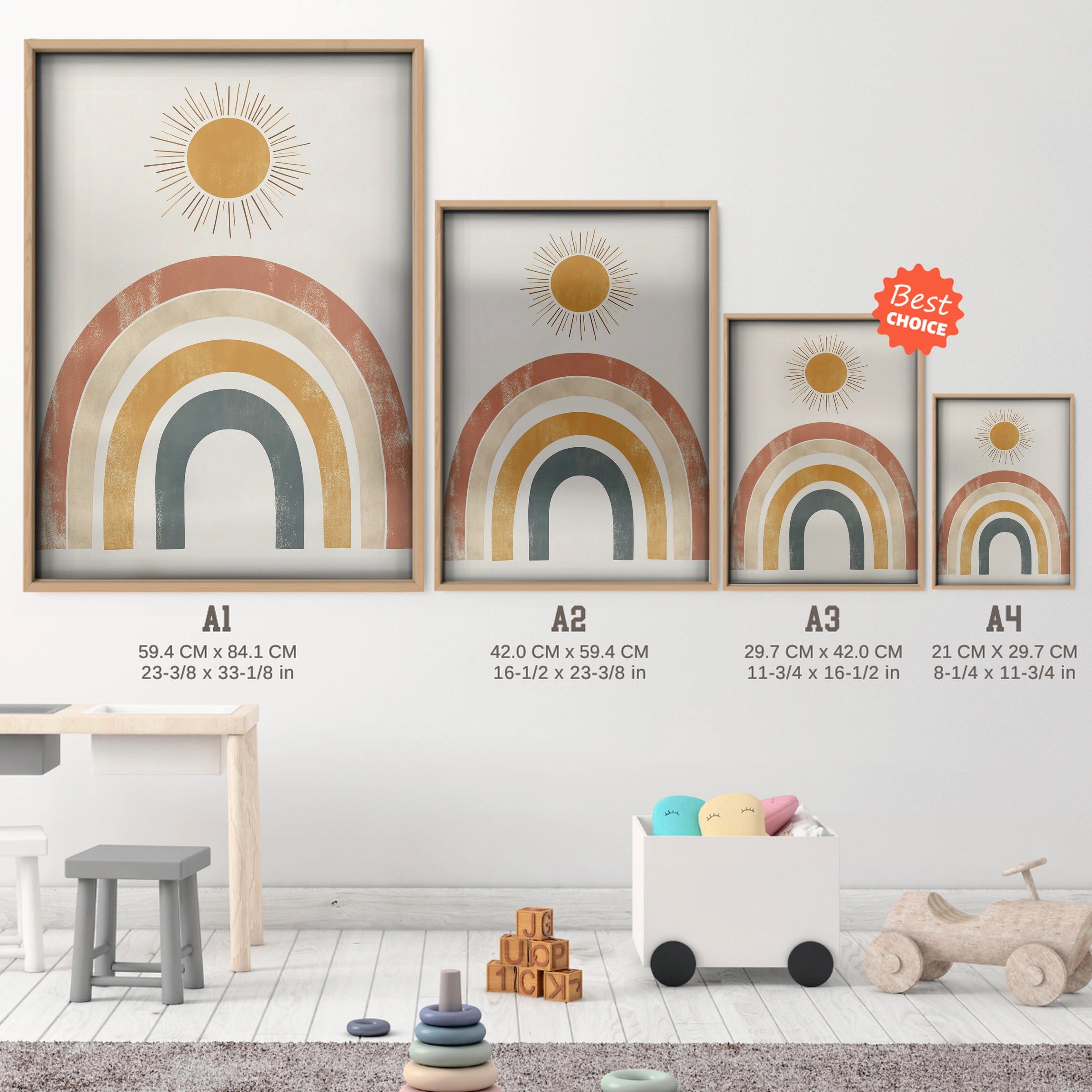 Boho Rainbow Sunrise Nursery Print - size guide A4 A3 A2 A1 nursery print
