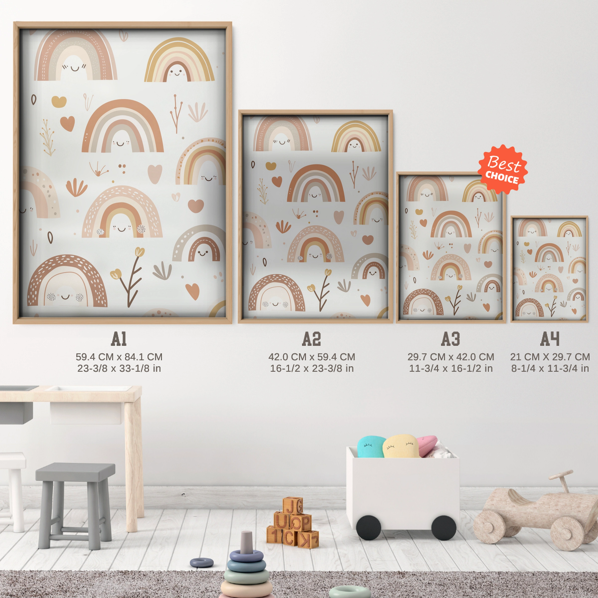 Boho Rainbow Trio Nursery Print - size guide A4 A3 A2 A1 nursery print