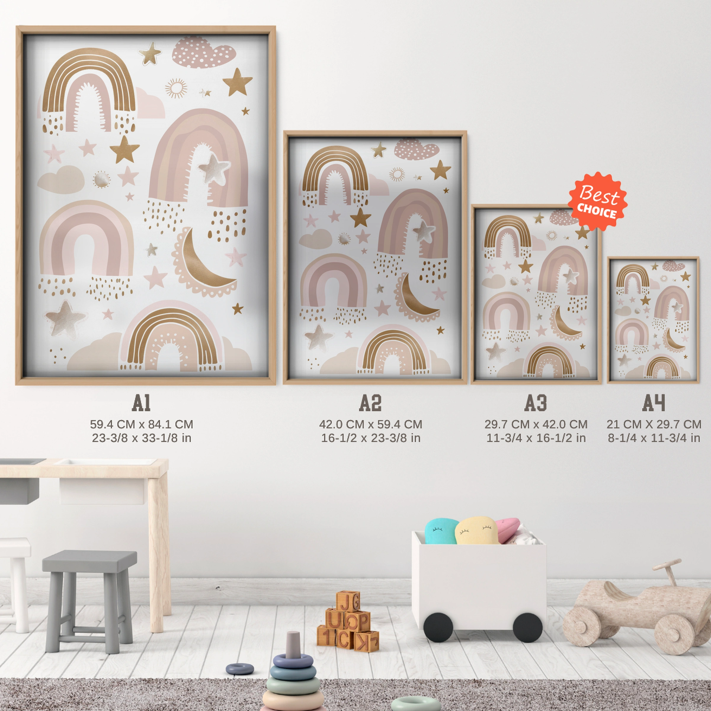 Boho Rainbows Nursery Print - size guide A4 A3 A2 A1 nursery print