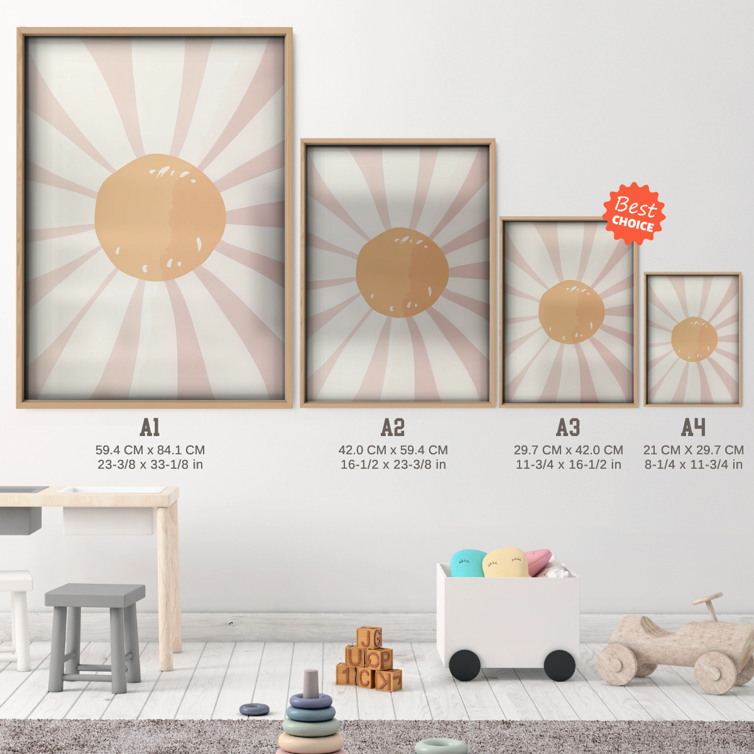 Boho Sunburst Nursery Print - size guide A4 A3 A2 A1 nursery print