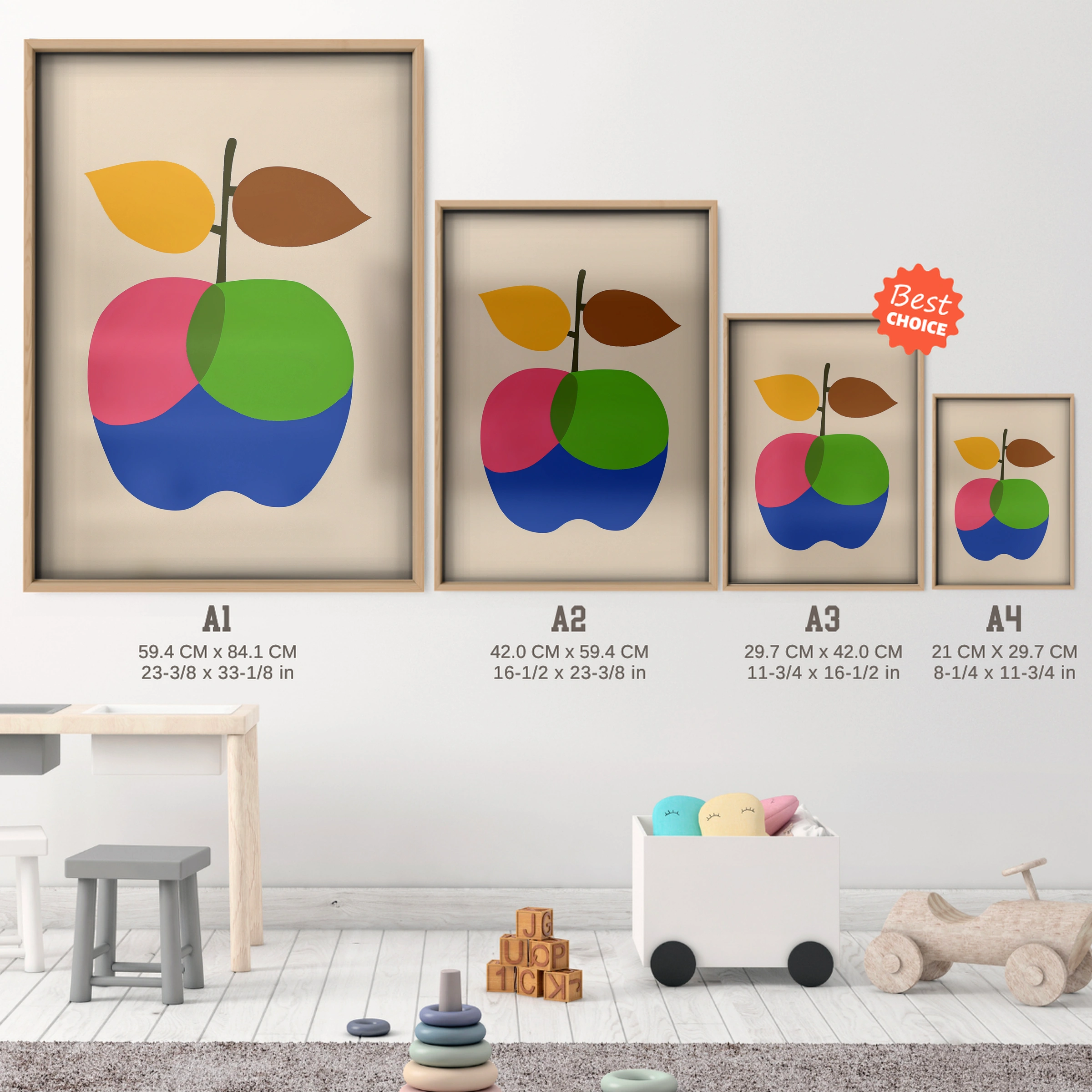 Bold Apple Nursery Print - size guide A4 A3 A2 A1 nursery print