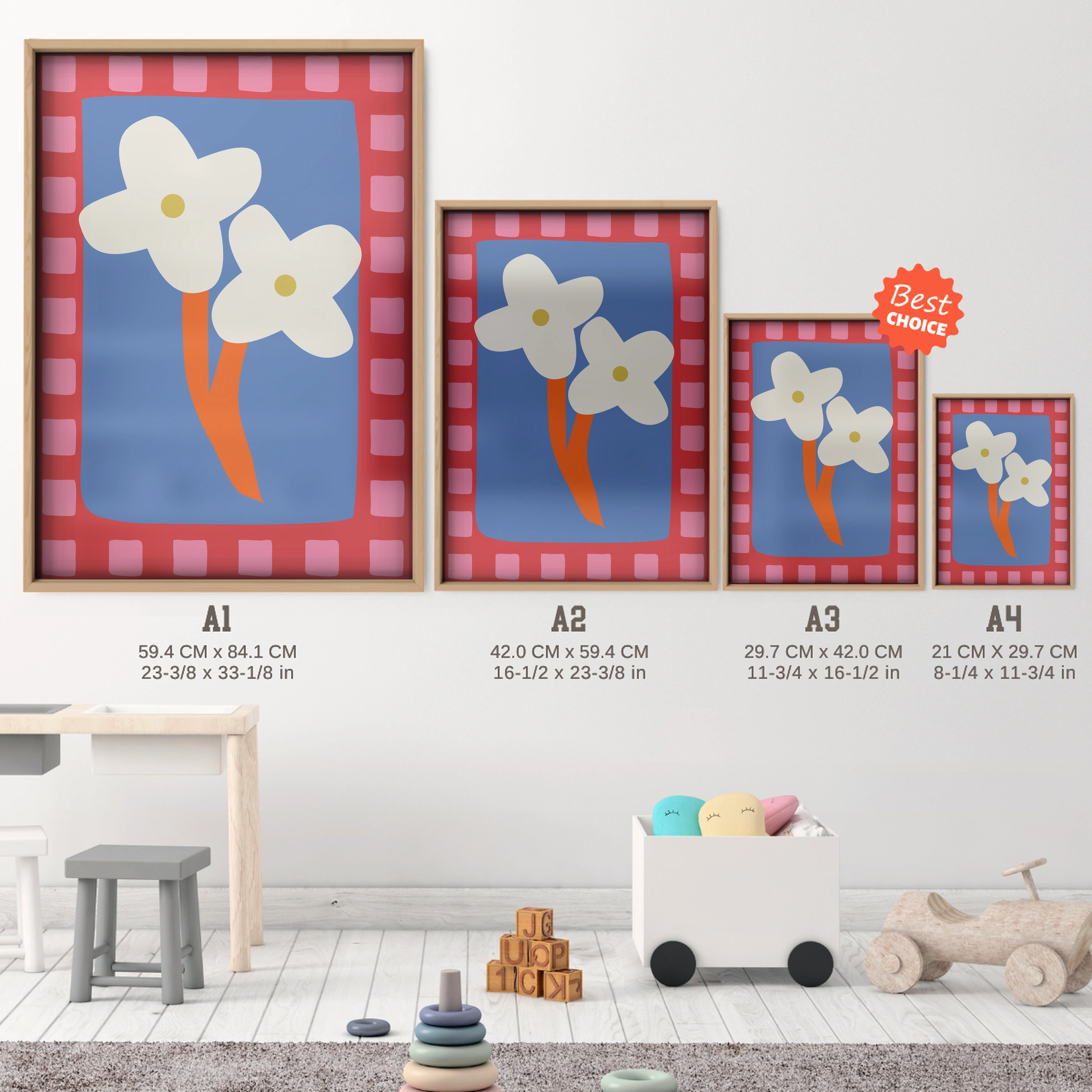 Bold Blooms Nursery Print - size guide A4 A3 A2 A1 nursery print