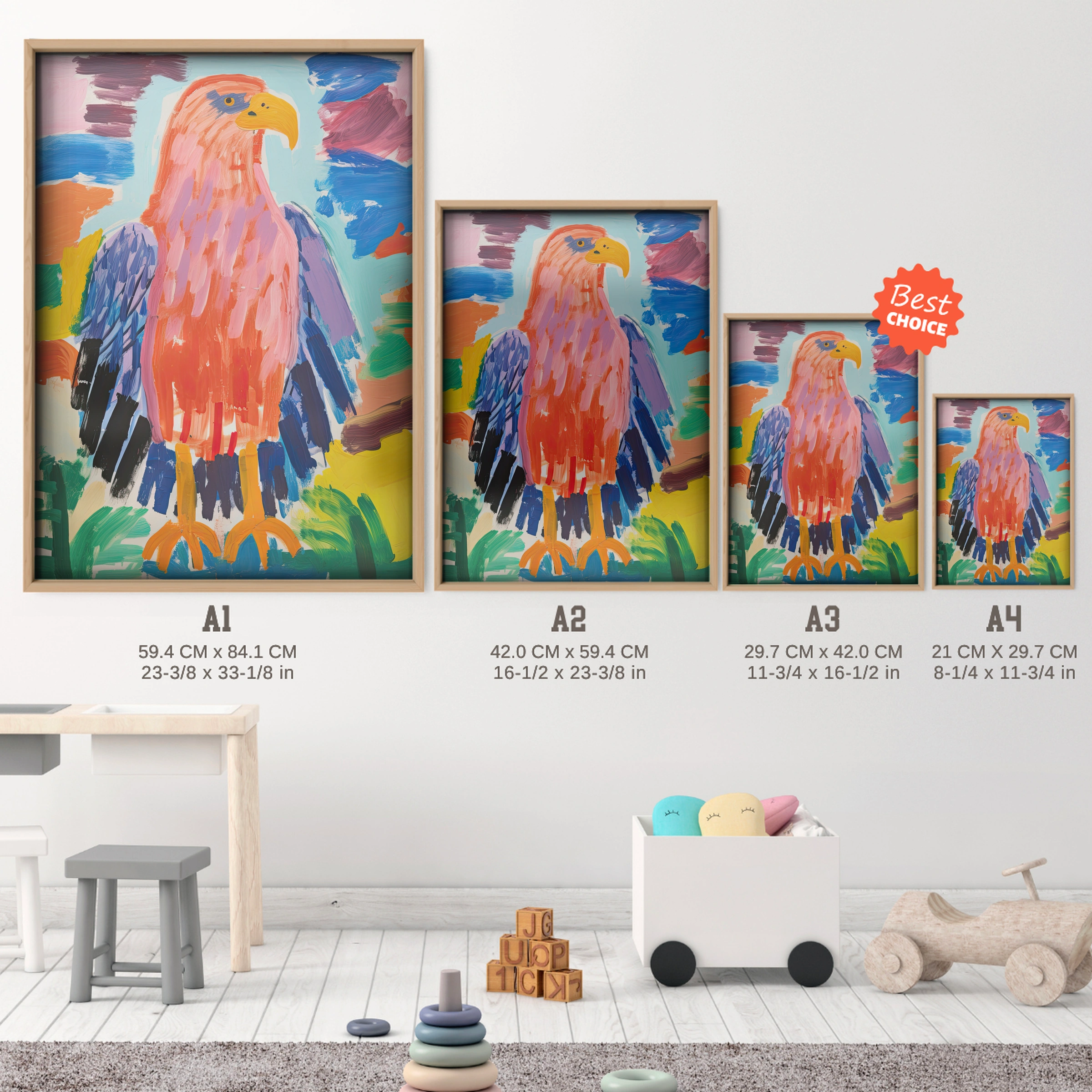Bold Eagle Nursery Print - size guide A4 A3 A2 A1 nursery print
