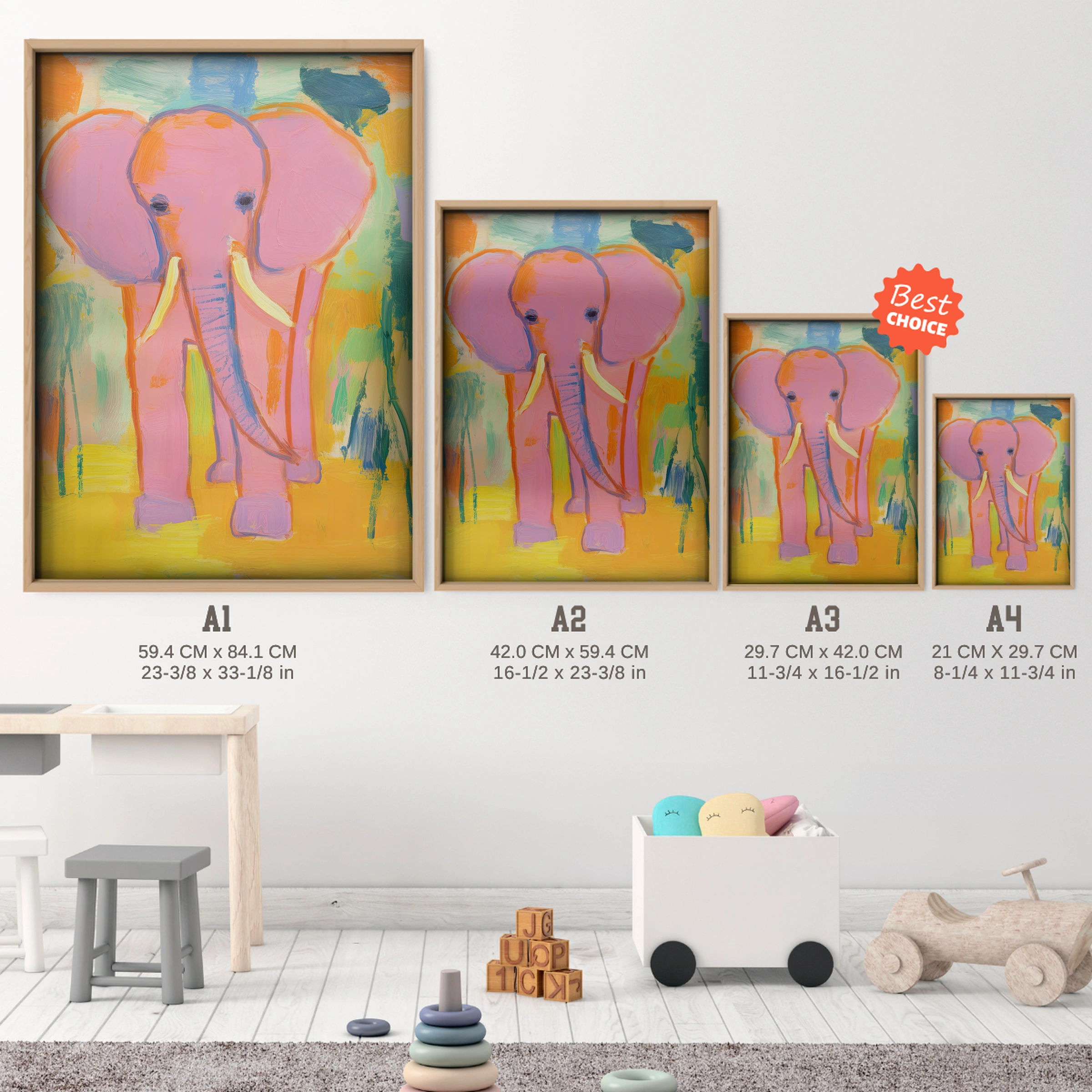 Bold Pink Elephant Nursery Print - size guide A4 A3 A2 A1 nursery print