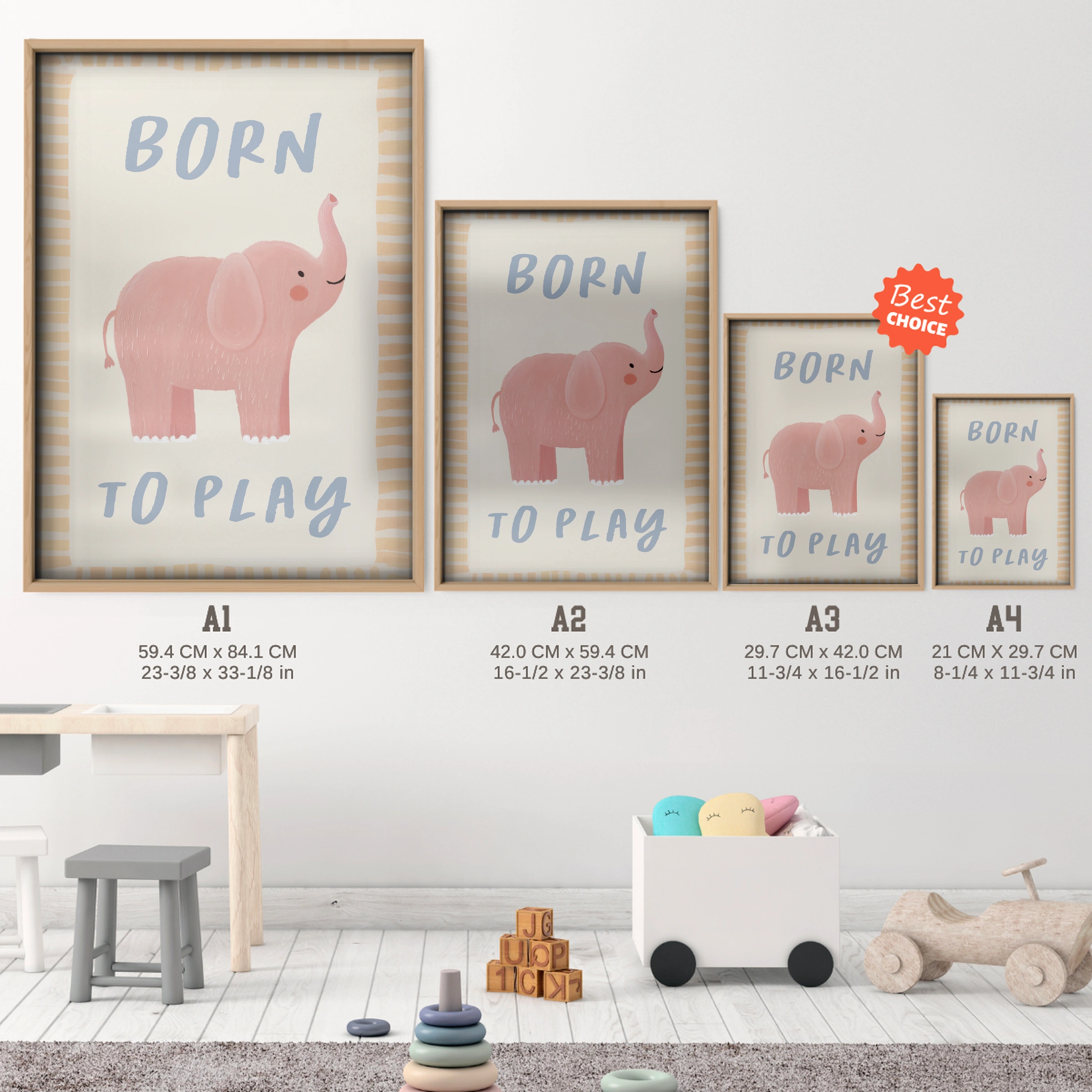 Born To Play Elephant Nursery Print - size guide A4 A3 A2 A1 nursery print