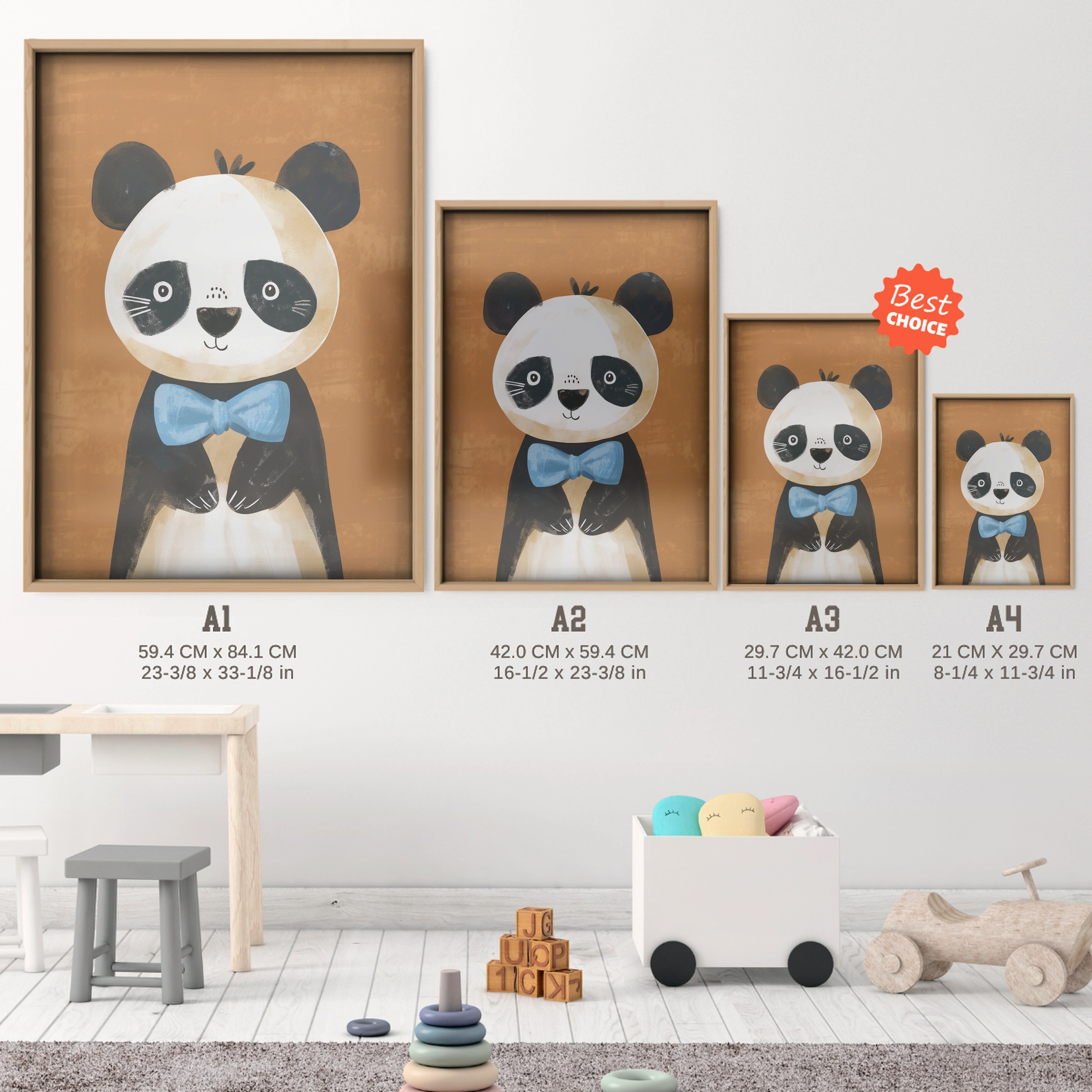 Bow Tie Panda Nursery Print - size guide A4 A3 A2 A1 nursery print