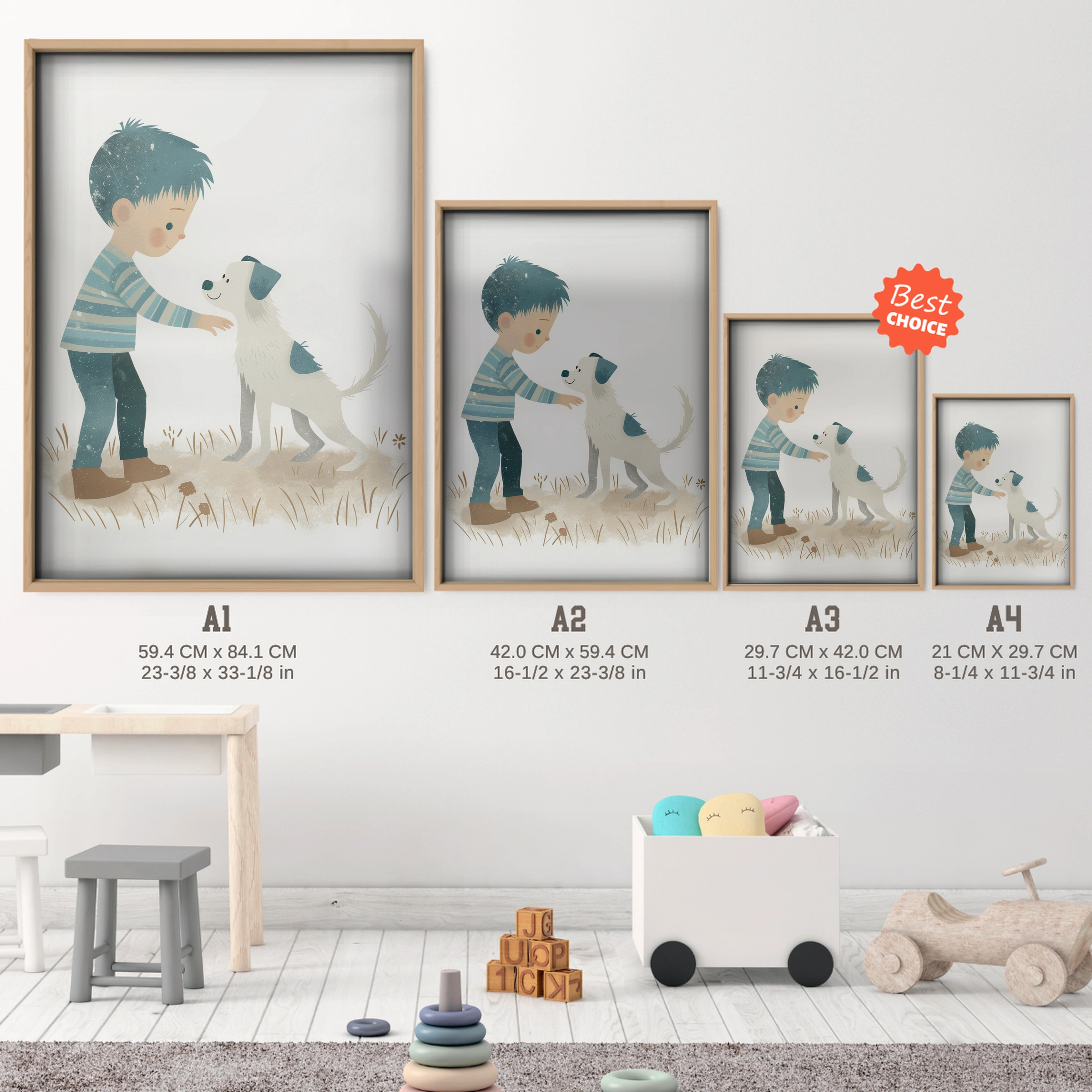 Boy and His Dog Nursery Print - size guide A4 A3 A2 A1 nursery print