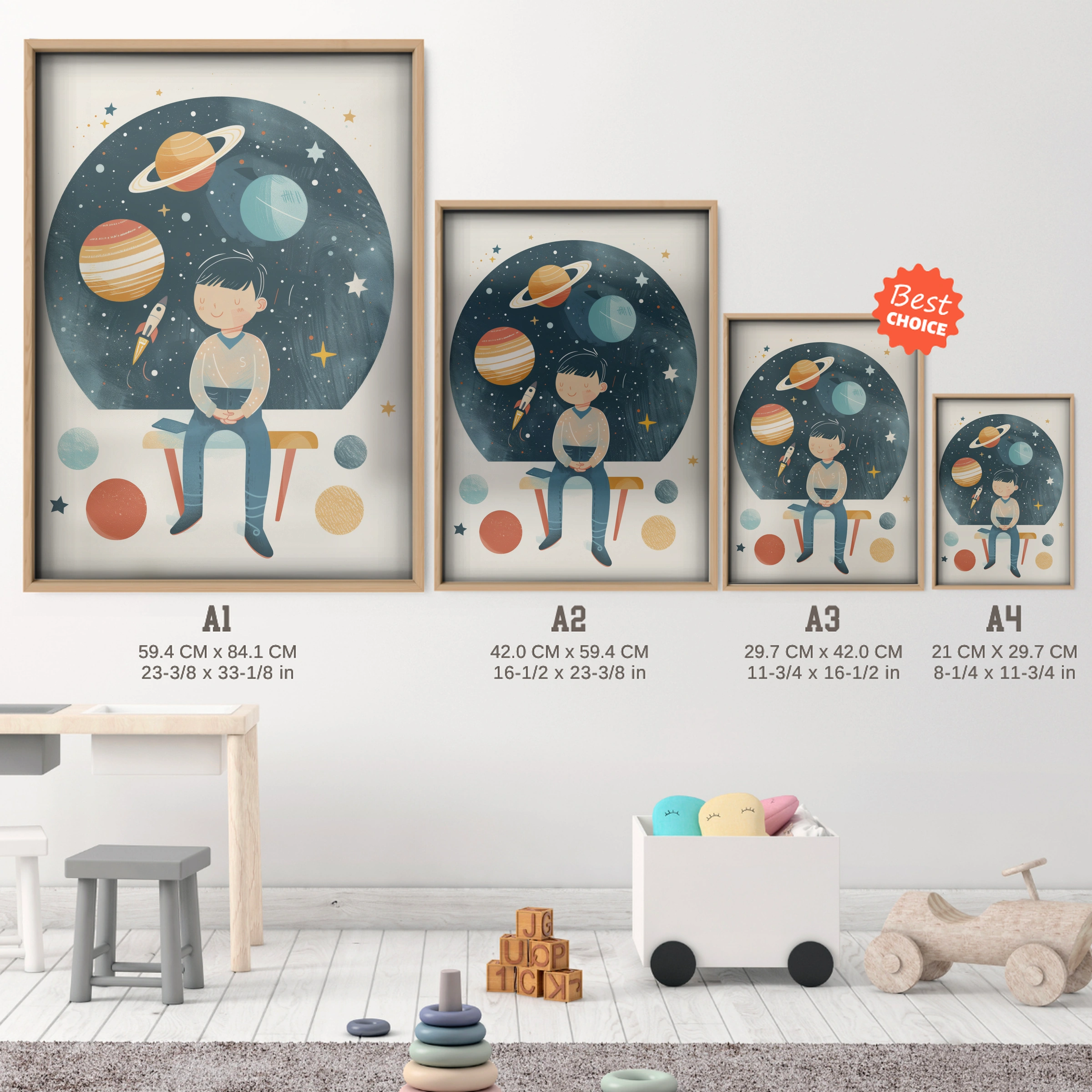 Boy and the Planets Nursery Print - size guide A4 A3 A2 A1 nursery print