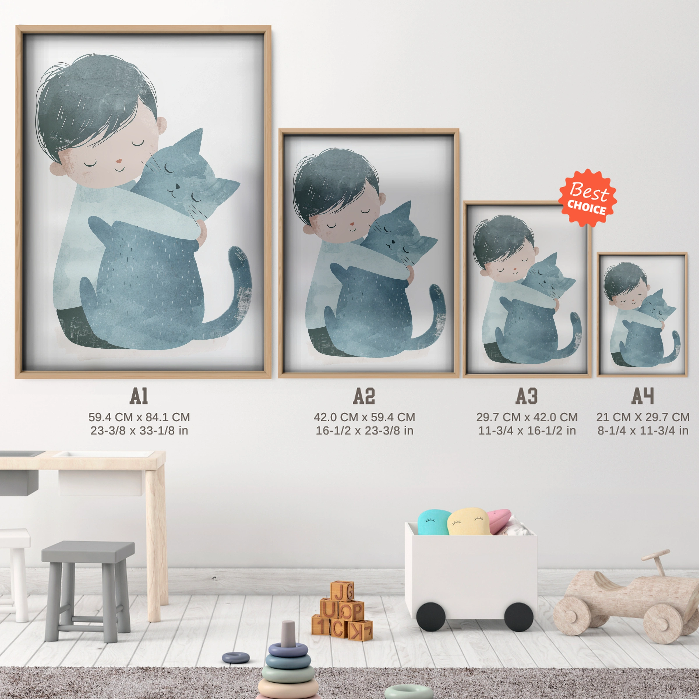 Boy Hugging a Cat Nursery Print - size guide A4 A3 A2 A1 nursery print