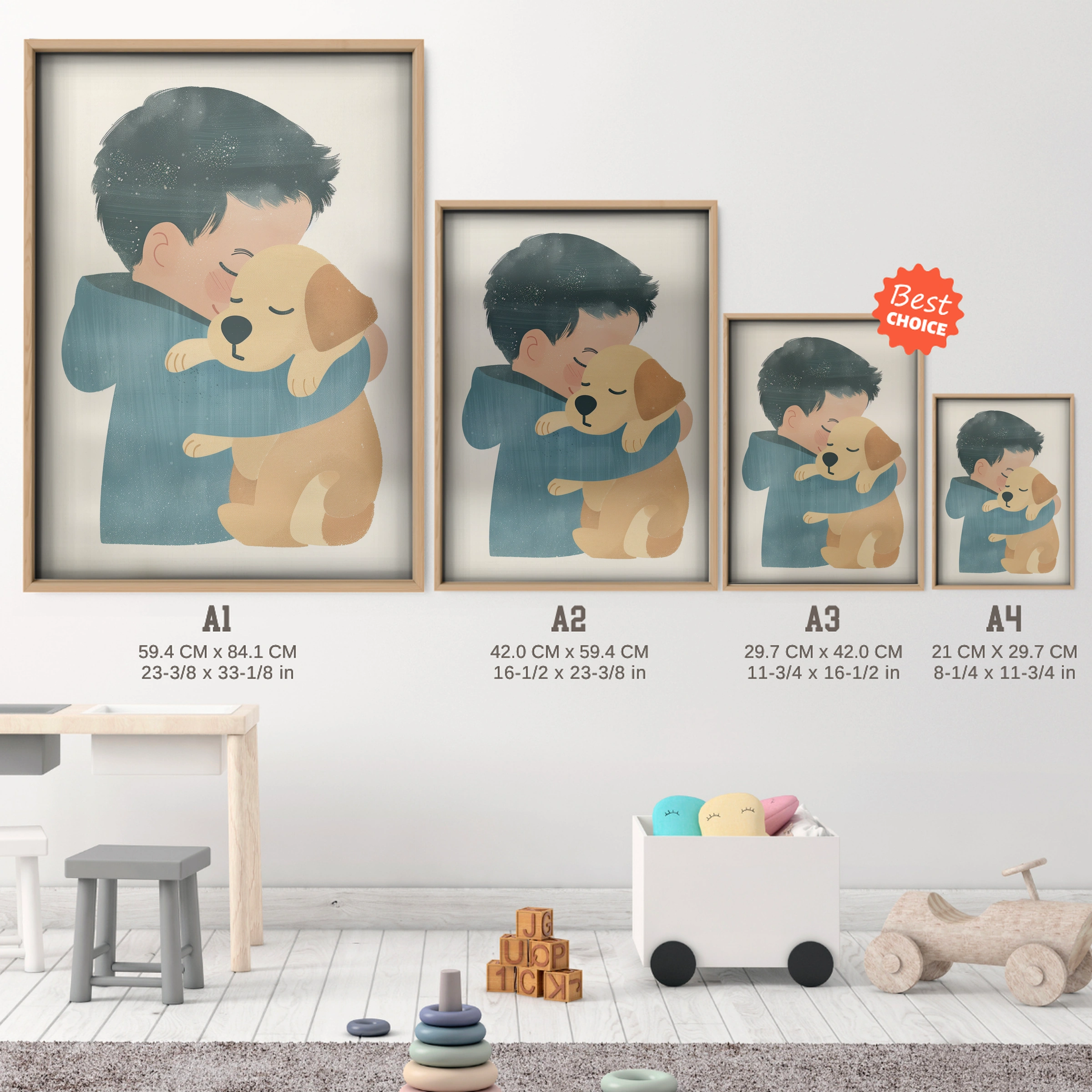 Boy Hugging a Puppy Nursery Print - size guide A4 A3 A2 A1 nursery print