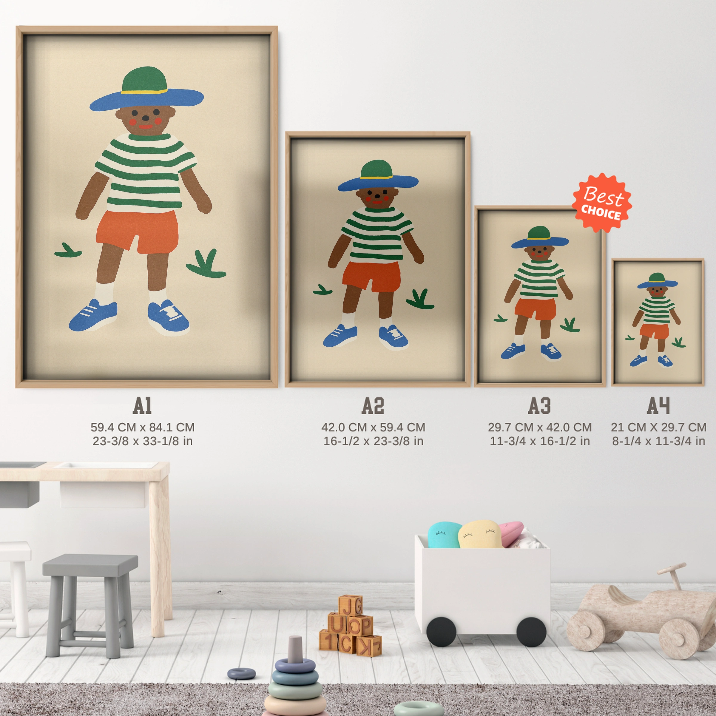Boy in a Sun Hat Nursery Print - size guide A4 A3 A2 A1 nursery print