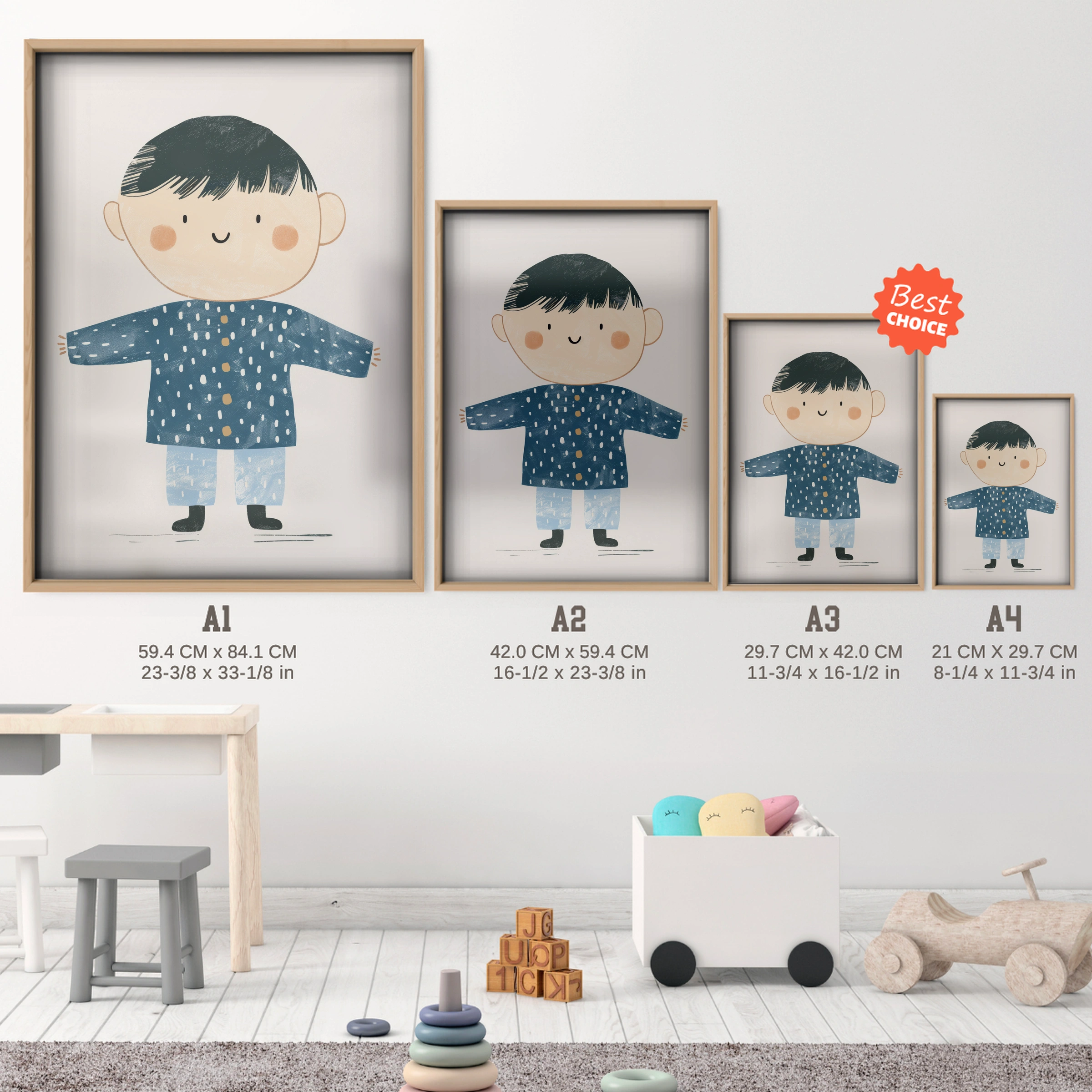 Boy in Pyjamas Nursery Print - size guide A4 A3 A2 A1 nursery print