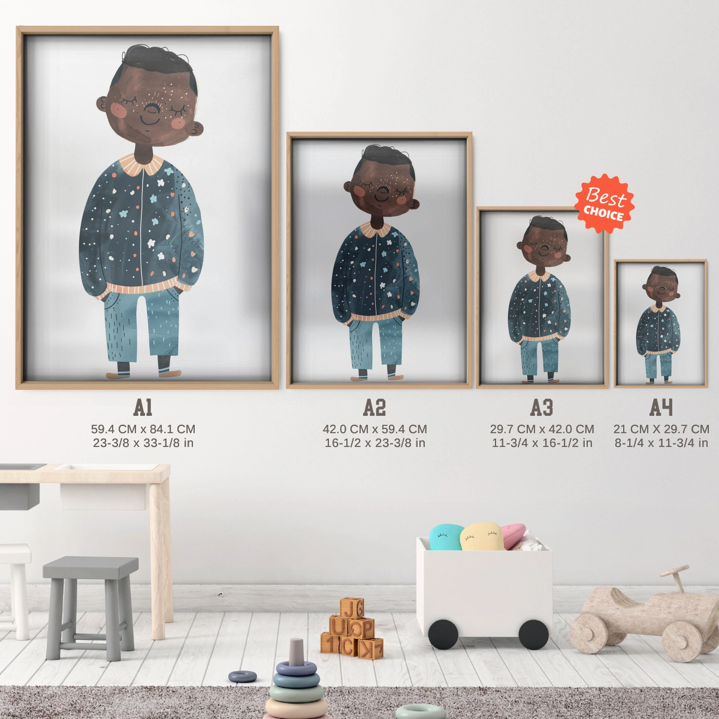Boy in Star Pyjamas Nursery Print - size guide A4 A3 A2 A1 nursery print