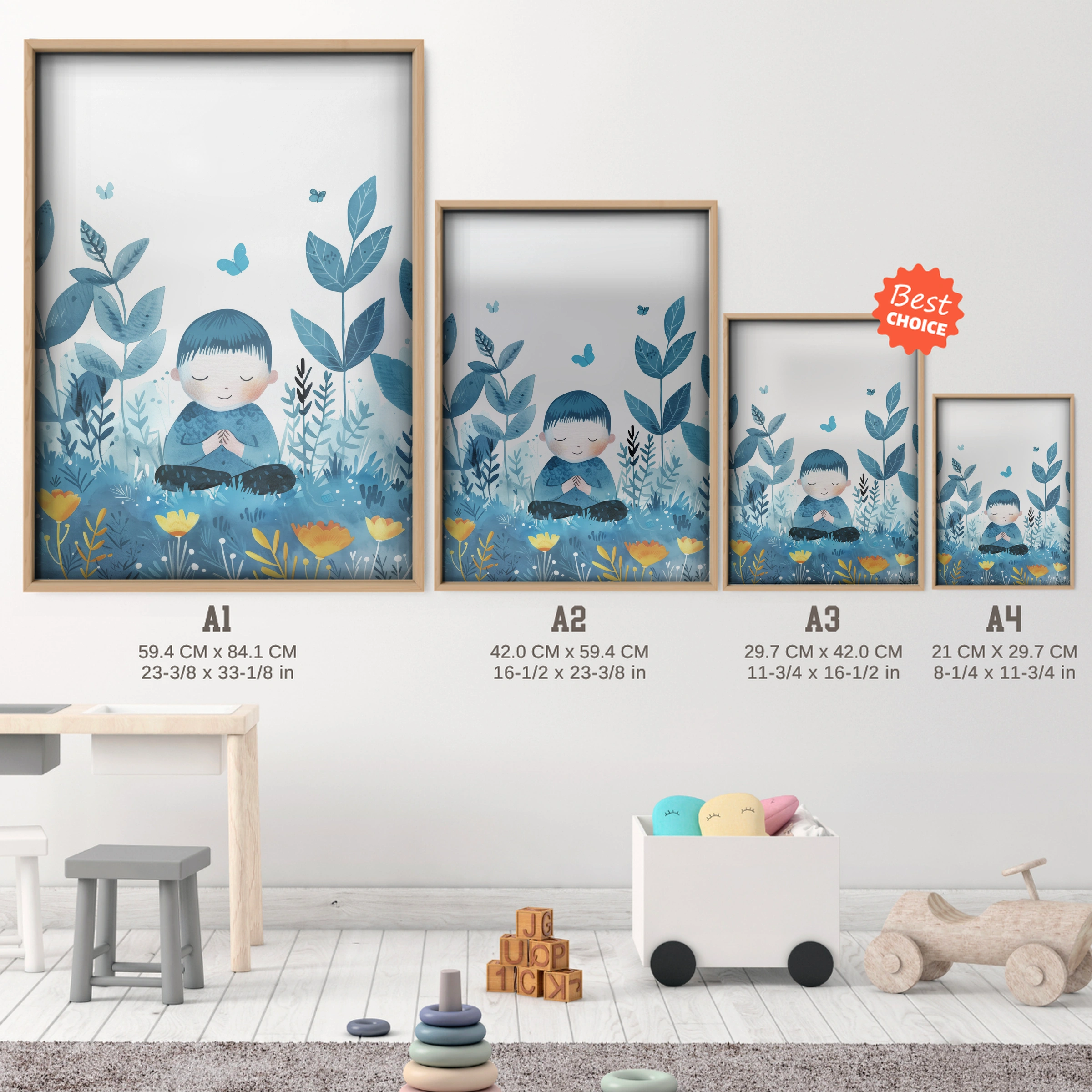 Boy in the Garden Nursery Print - size guide A4 A3 A2 A1 nursery print