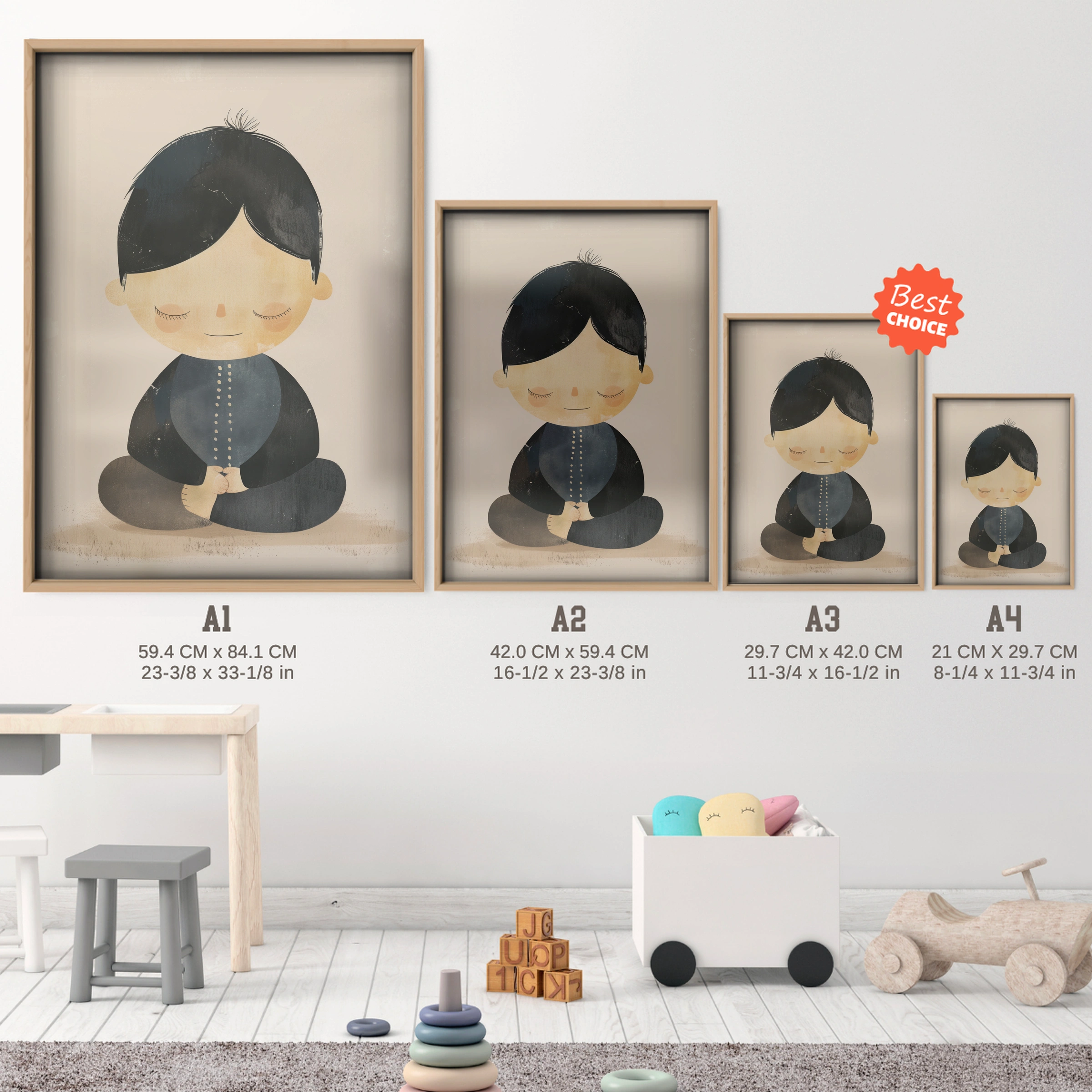 Boy Meditating Nursery Print - size guide A4 A3 A2 A1 nursery print