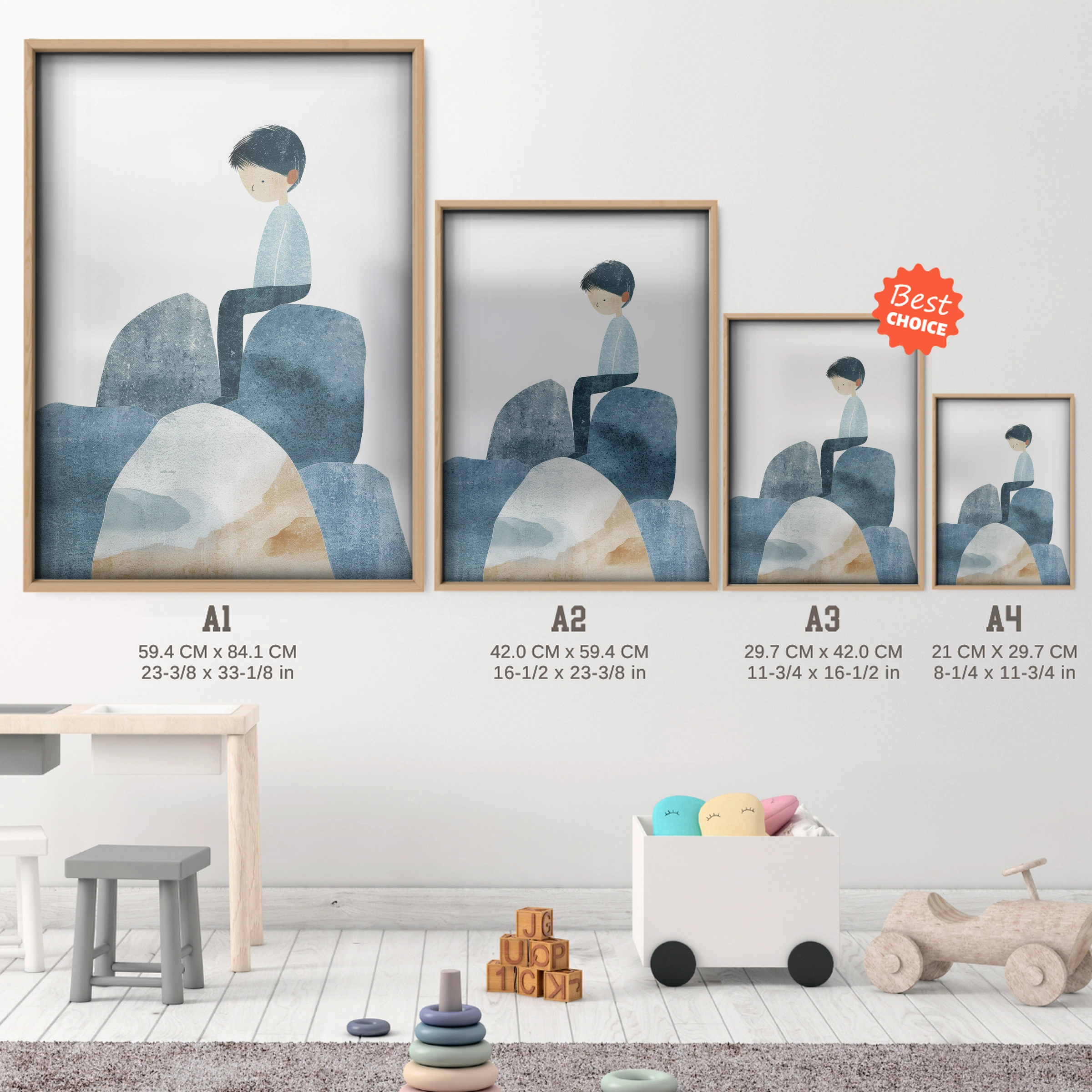 Boy on the Rocks Nursery Print - size guide A4 A3 A2 A1 nursery print