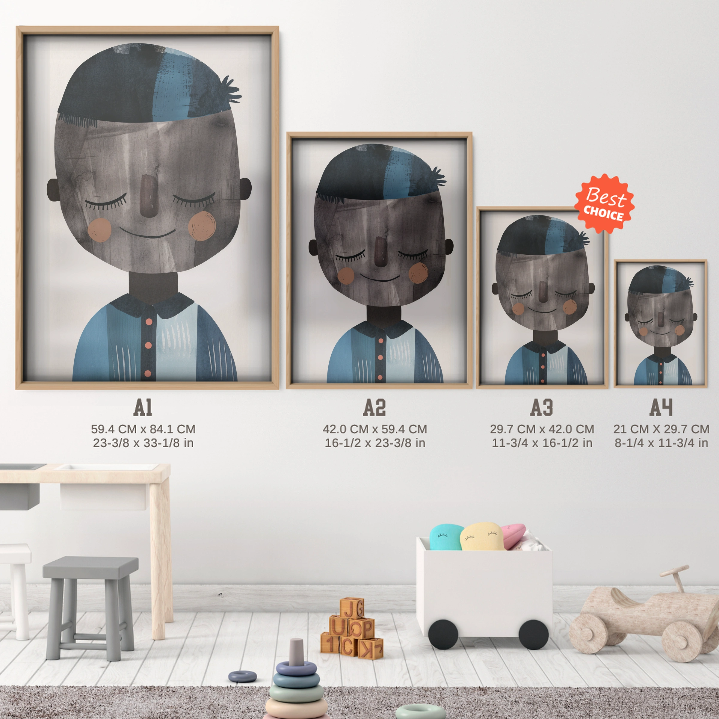 Boy Portrait Blue Nursery Print - size guide A4 A3 A2 A1 nursery print