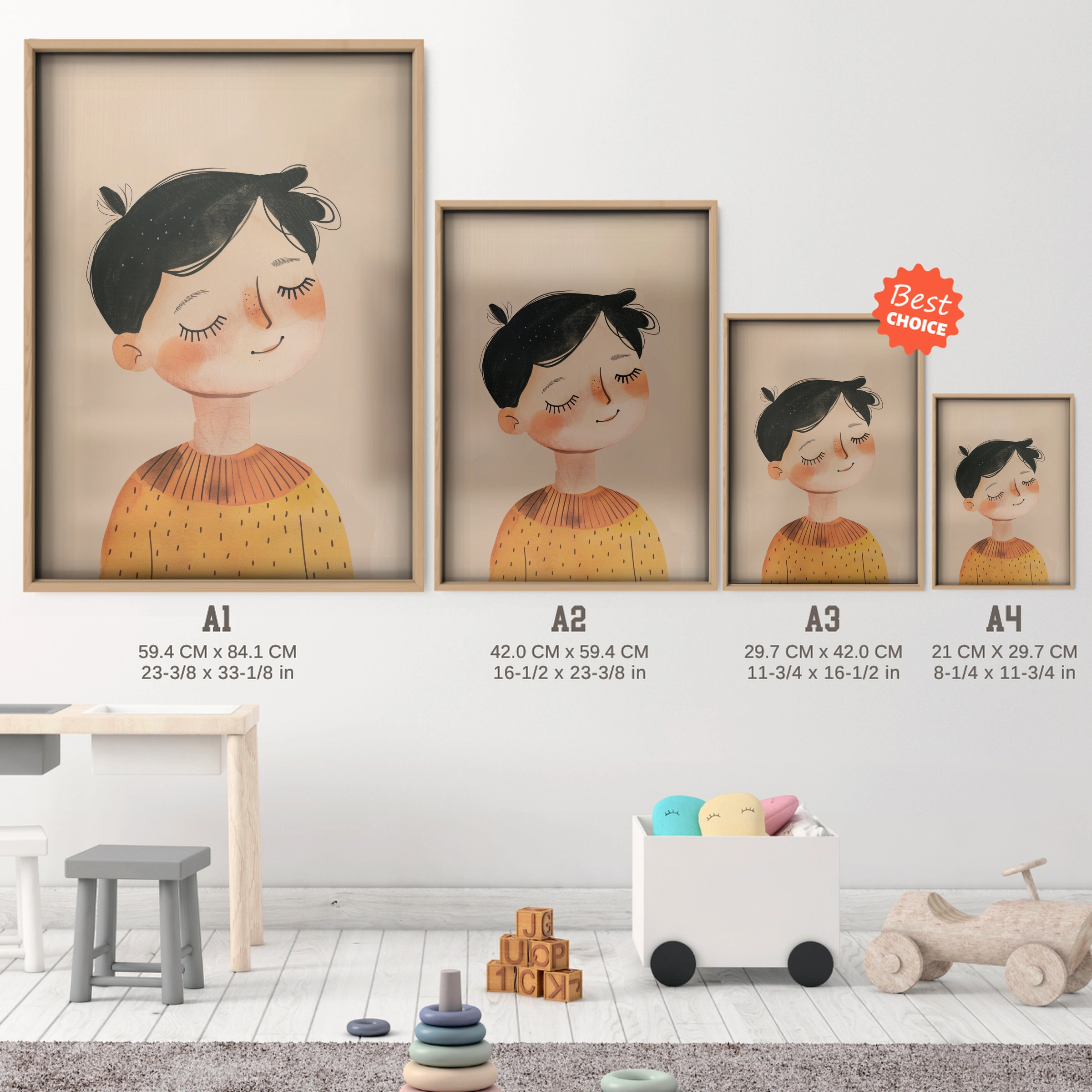 Boy Portrait Nursery Print - size guide A4 A3 A2 A1 nursery print