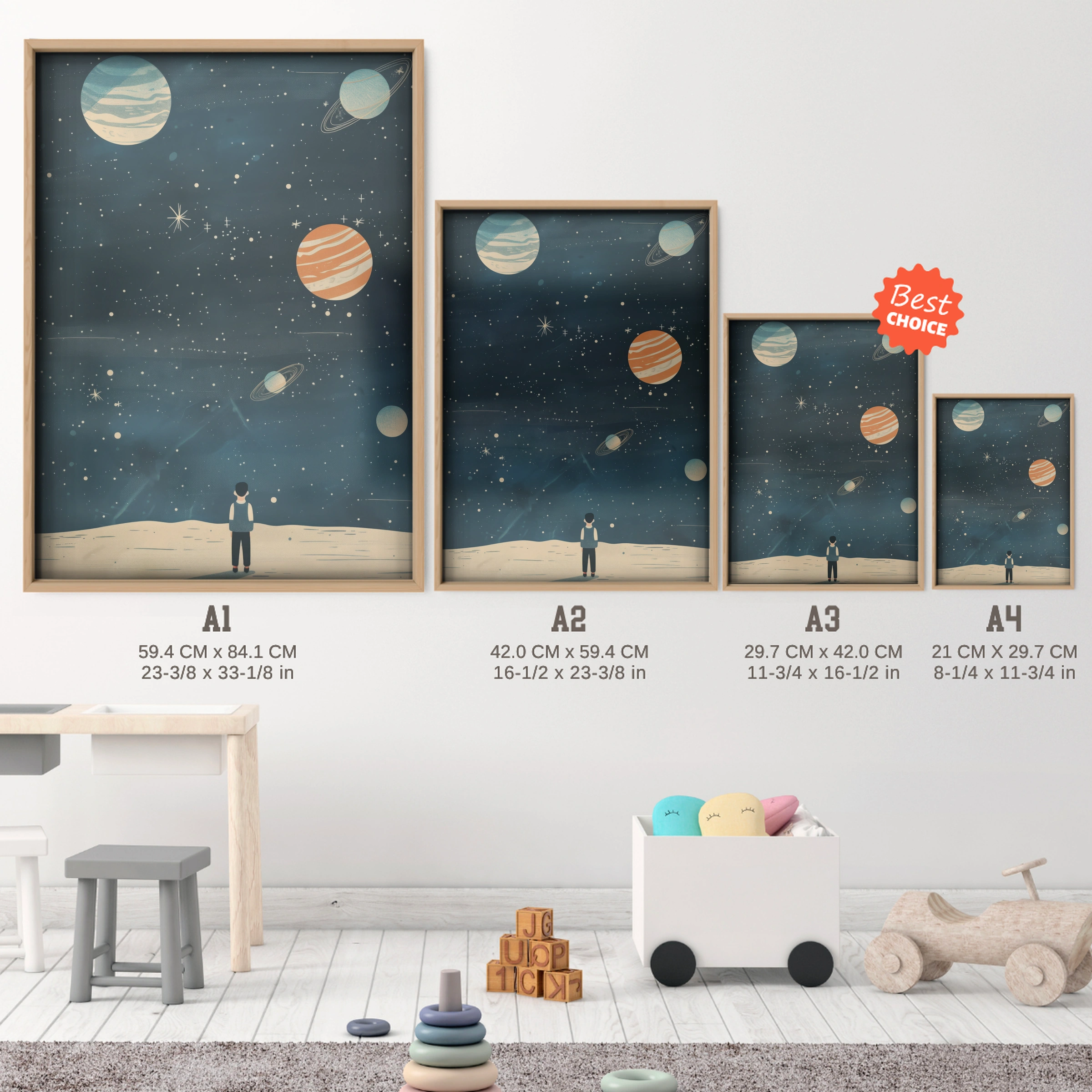 Boy Under the Planets Nursery Print - size guide A4 A3 A2 A1 nursery print