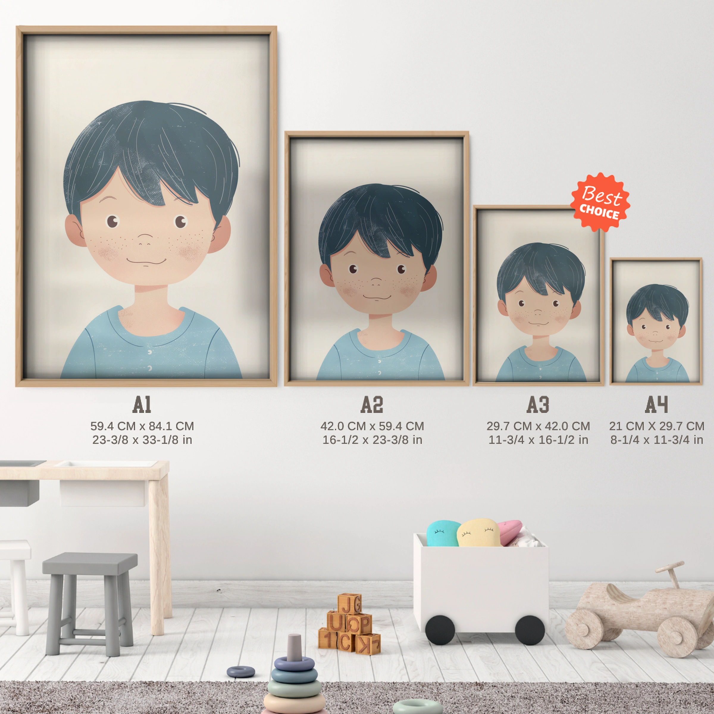 Boy with Dark Hair Nursery Print - size guide A4 A3 A2 A1 nursery print
