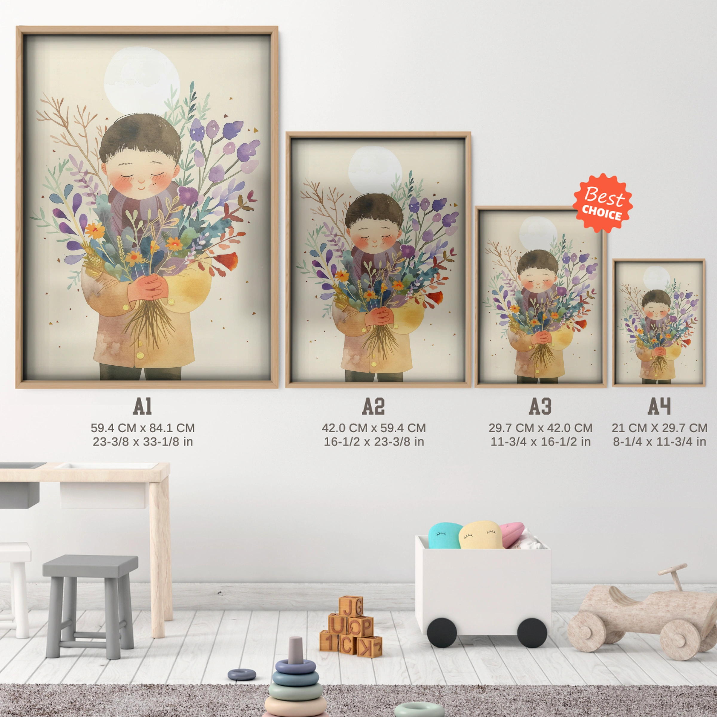 Boy with Flowers Nursery Print - size guide A4 A3 A2 A1 nursery print