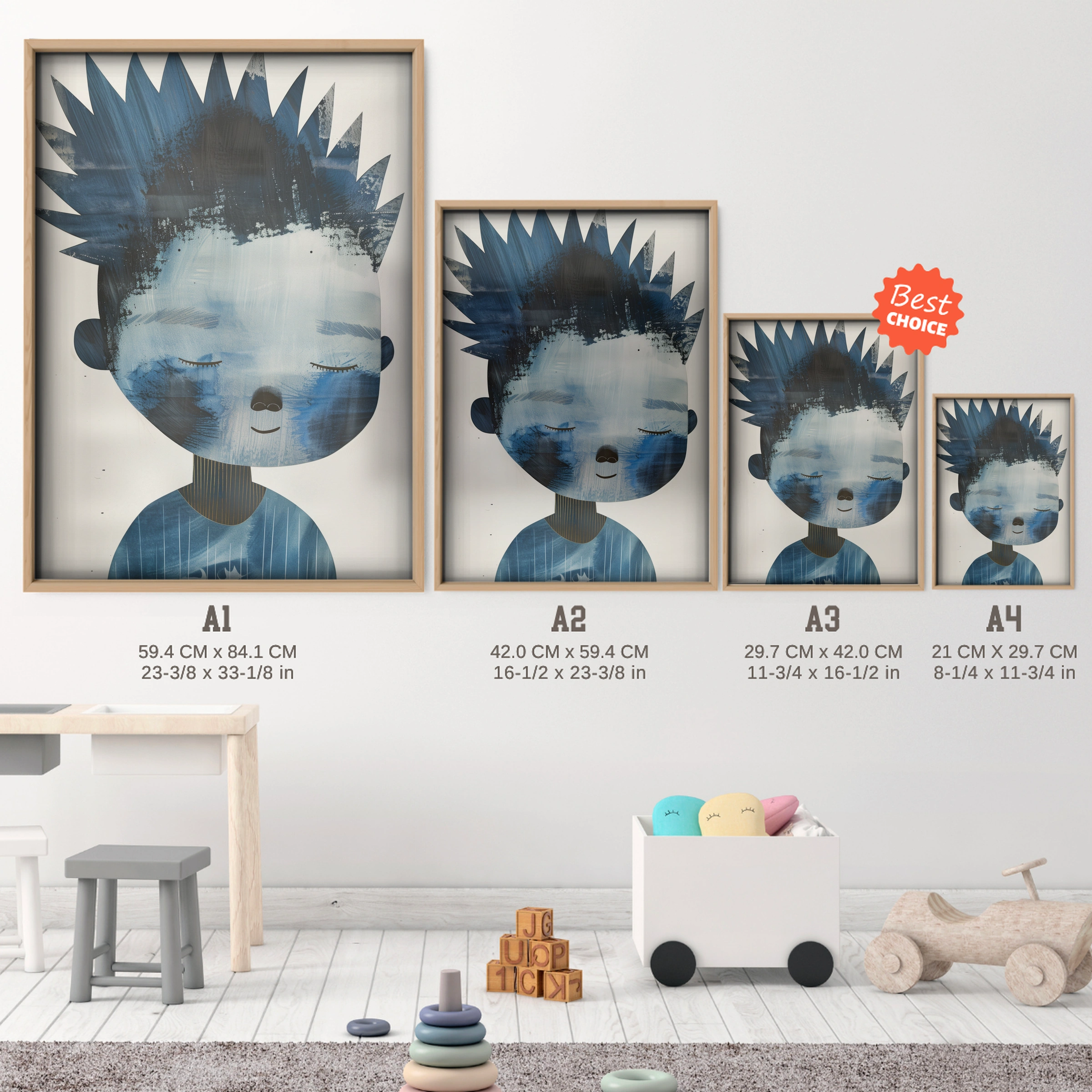 Boy with Spiky Hair Nursery Print - size guide A4 A3 A2 A1 nursery print