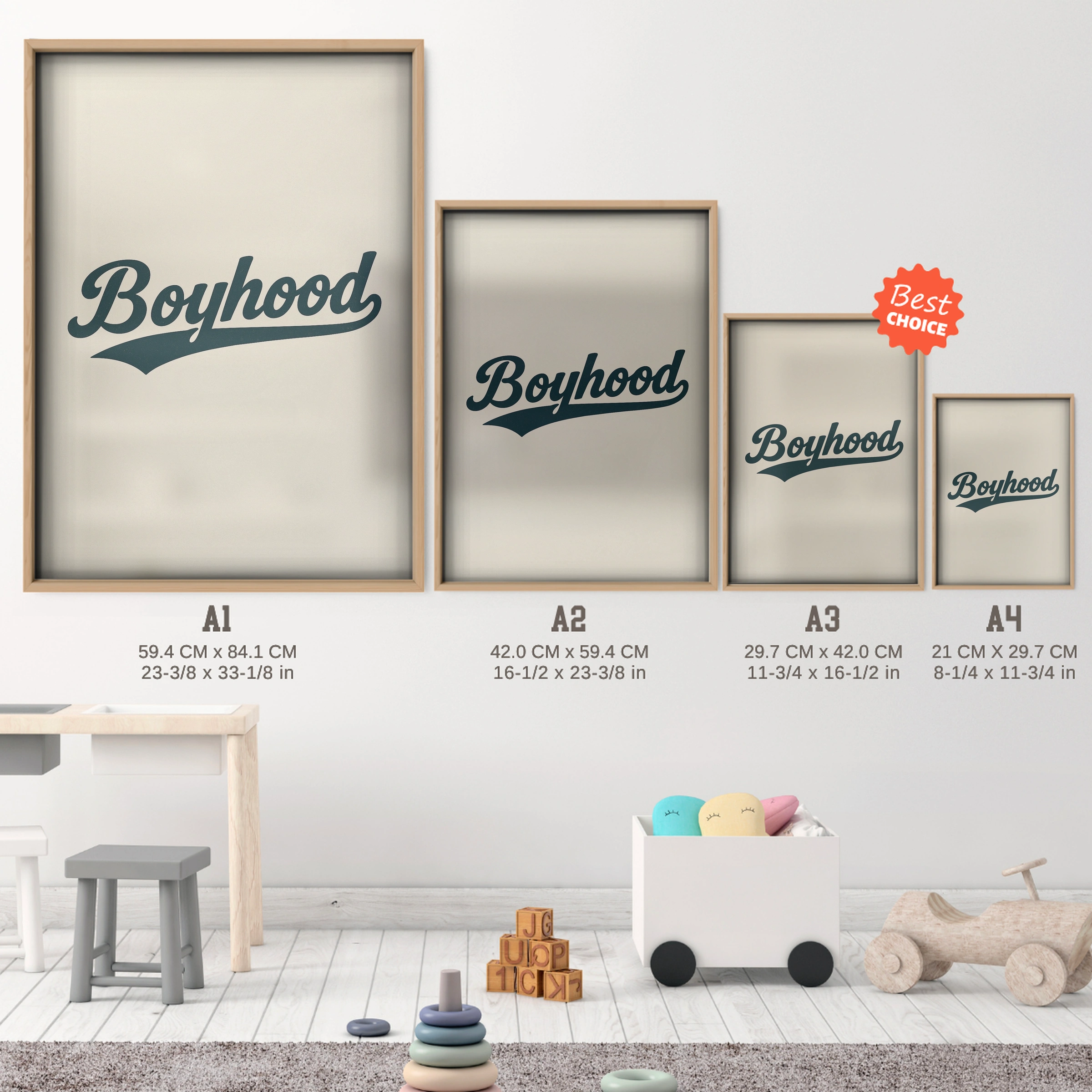Boyhood Script Nursery Print - size guide A4 A3 A2 A1 nursery print