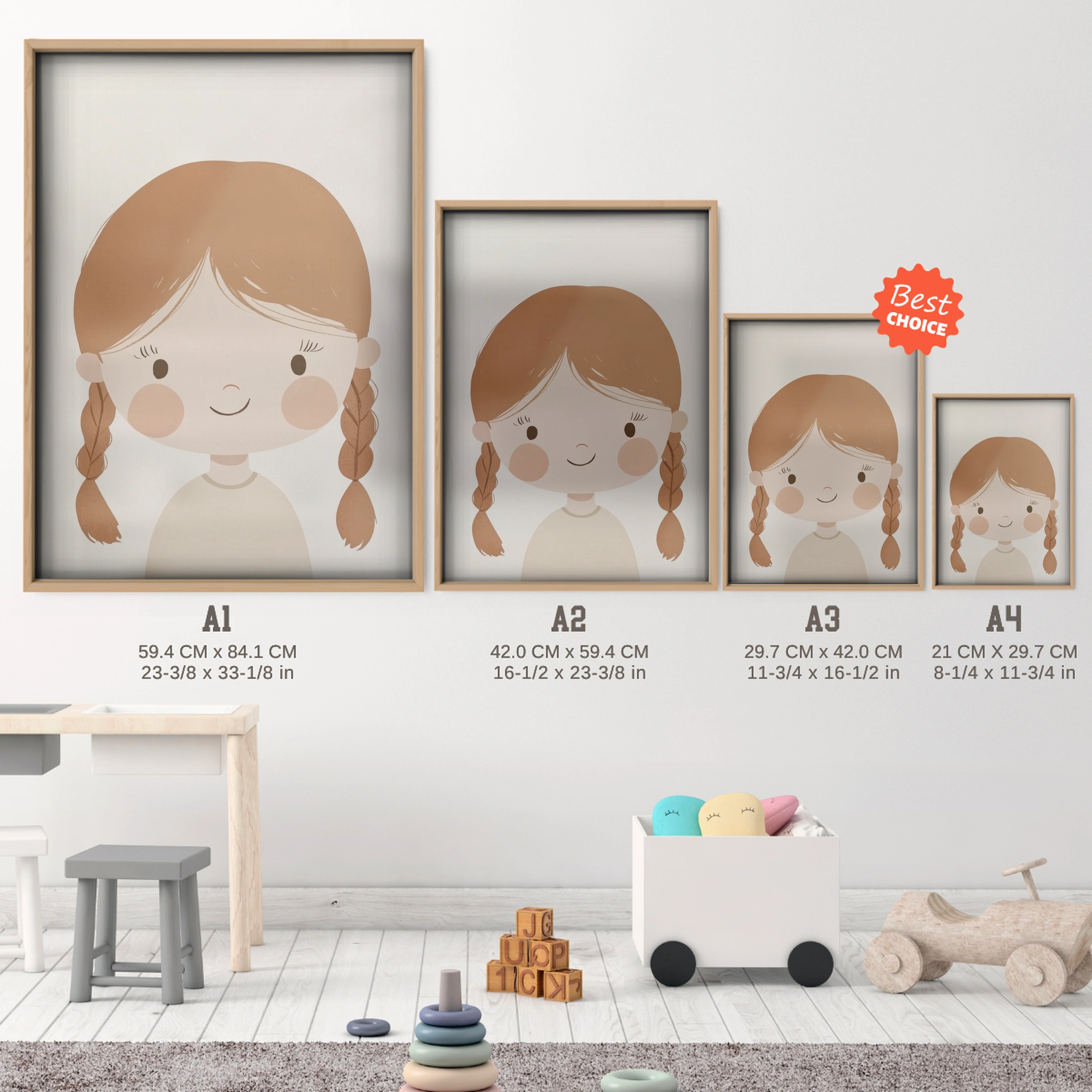 Braided Girl Nursery Print - size guide A4 A3 A2 A1 nursery print